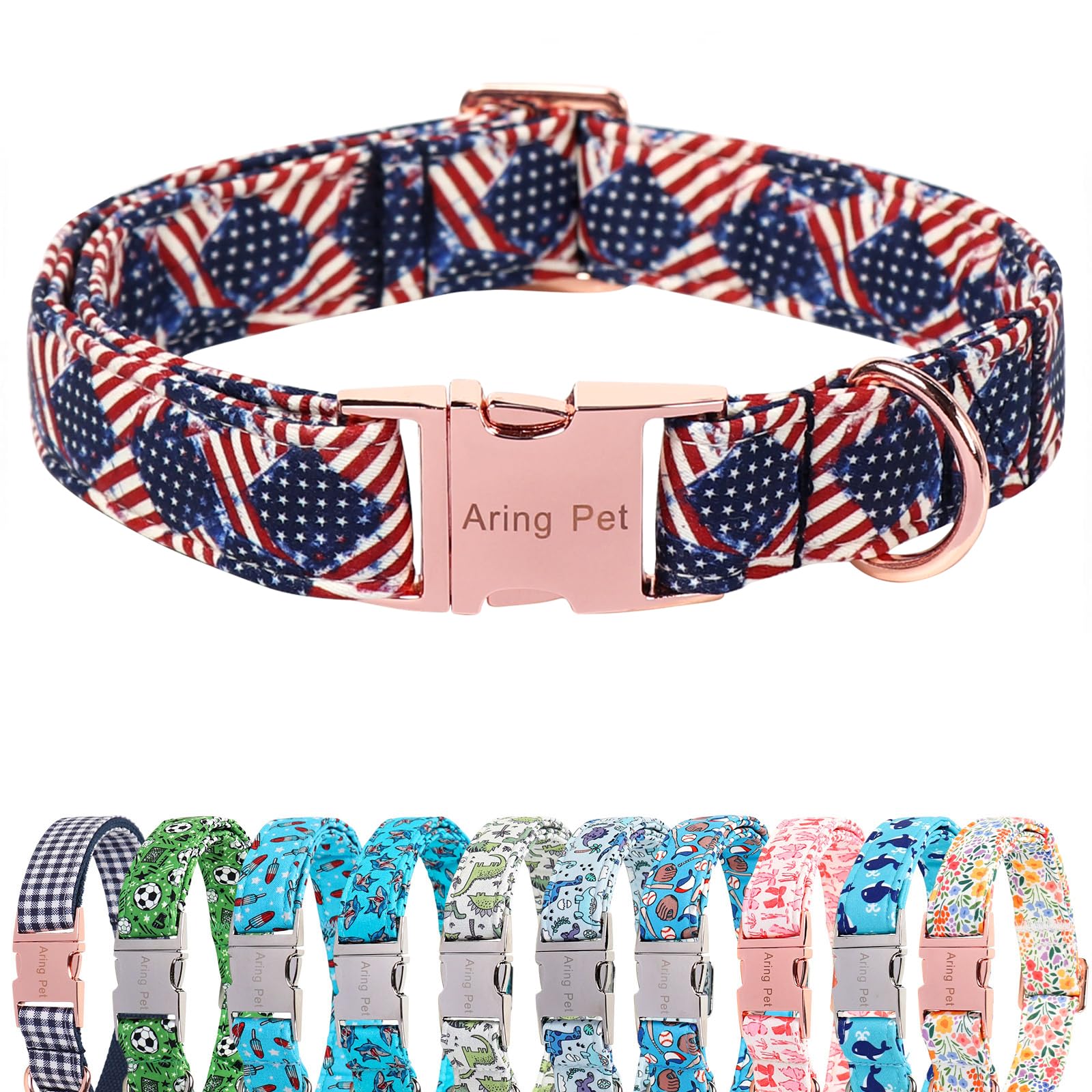 ARING PET 4th of July Dog Collar, Patriotic American USA Flag Heavy Duty Blue Red White Doggy Collars for Puppy Small Medium Large Boy Girl Dogs, for Independence Parades Walking Picnic Photos, L