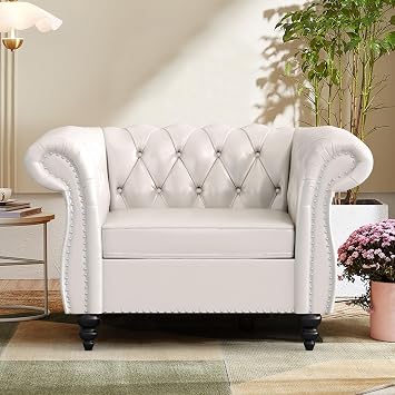 Chesterfield Accent Chair, Faux Leather Comfy Reading Club Chair, Mid Century Modern Vanity Armrest 1 Seat Couch for Living Room Bedroom Office PU, White