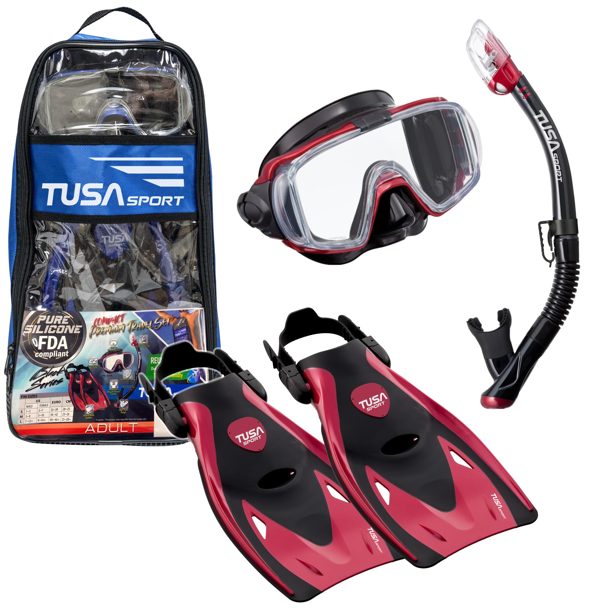 Photo 1 of TUSA Sport Adult Black Series Visio Tri-Ex Mask, Dry Snorkel, and Fins Travel Set, Black/Metallic Red, Large