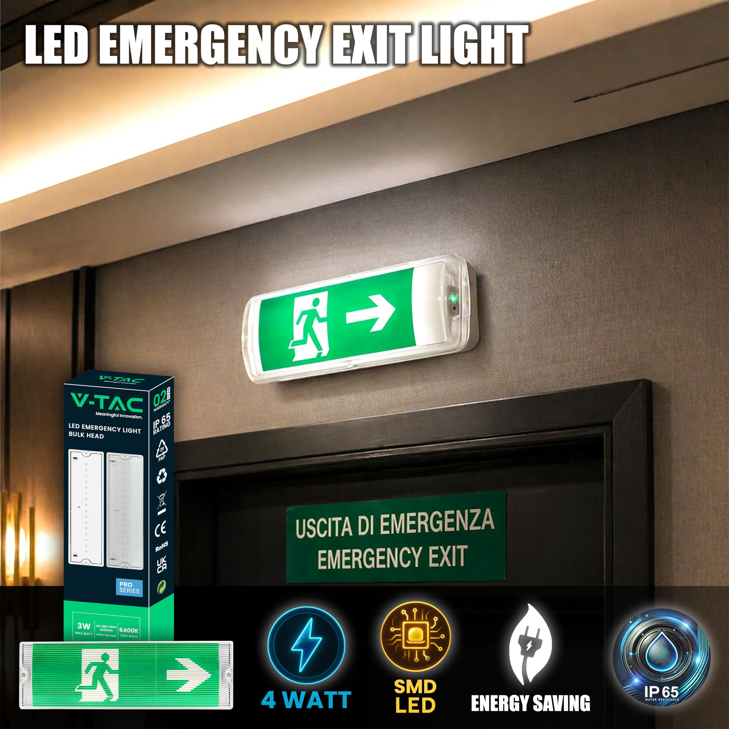 V-TAC Lampe de Secours LED 3W pour Plafond et Mur - Éclairage de Sortie de Secours avec Batterie - Autonomie 3 Heures - IP65 - Lampe pour Issue - Exit - 4 Signalisations Incluses - Lumière 4000K