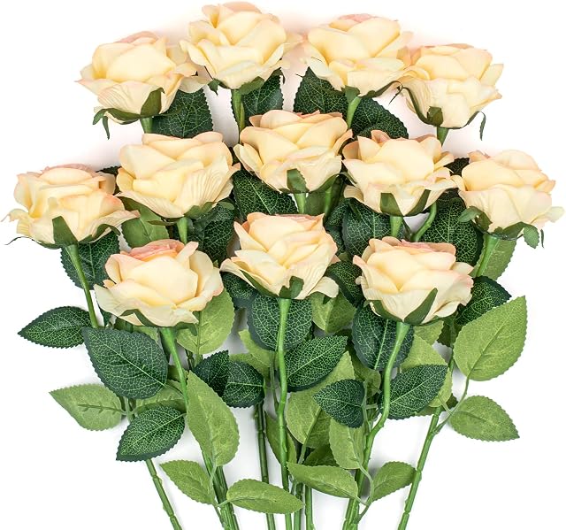 Mocoosy 12PCS Artificial Roses Fake Flowers for Decoration, Champagne Silk Roses Single Stem Flowers Artificial Bouquet for Wedding Valentines Birthday Party Arrangment Centerpiece Home Table Decor