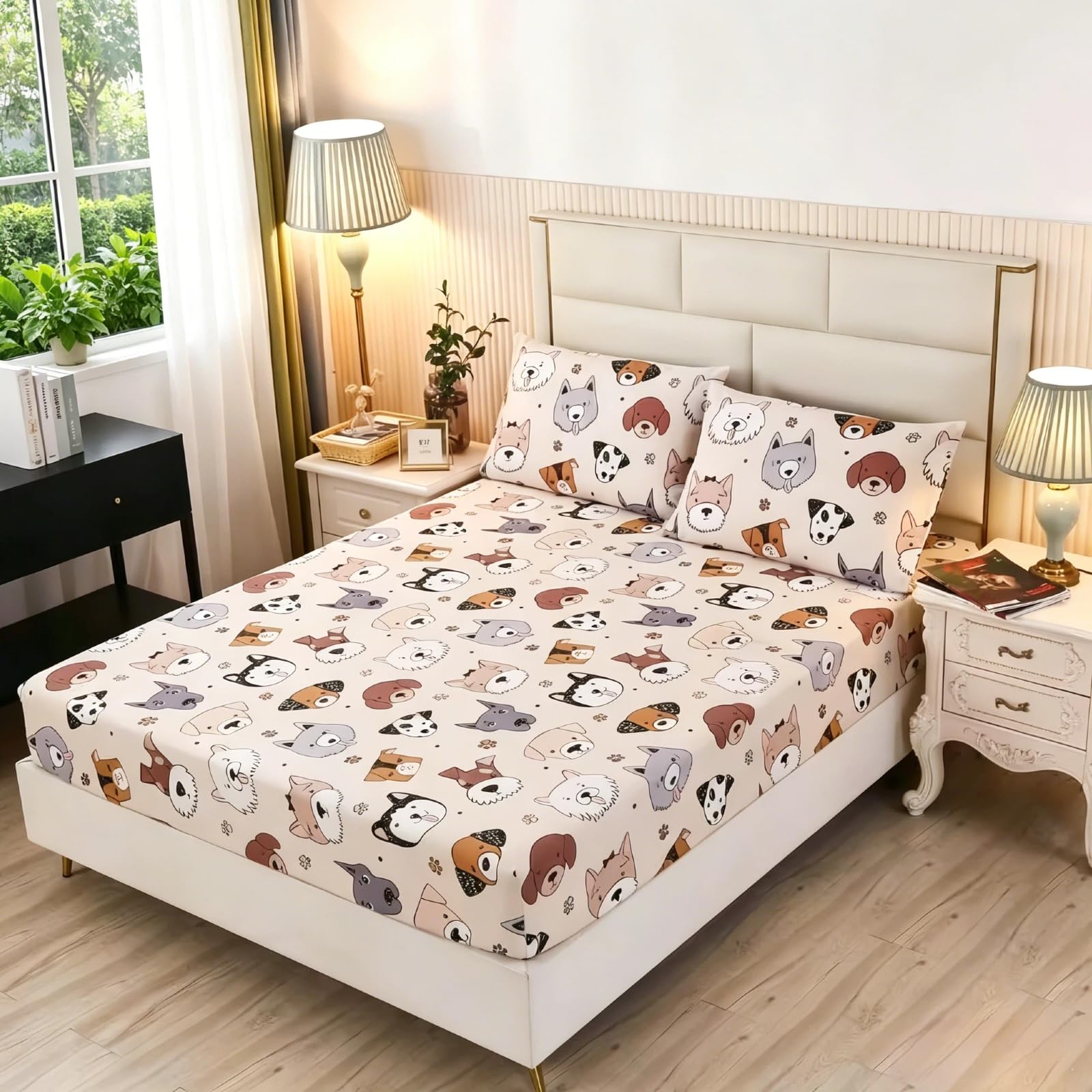 SDY 3PCS Dog Fitted Sheet, Doggy Print Pattern Bedding Sheet Queen with Deep Pocket, Soft and Trendy, Kawaii Animals Cartoon Sheet for Boys, Girls and Teens, Queen