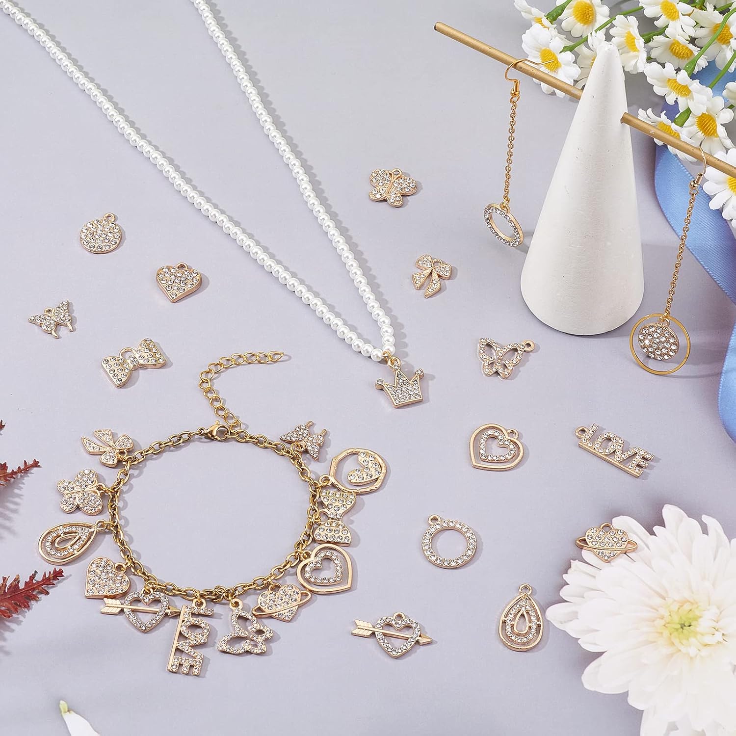 30 Pieces Alloy Rhinestone Pendants Clear Crystal Charm Heart Butterfly Crow Alloy Charm for Jewelry Necklace Bracelet Earring Making Crafts - Image 5