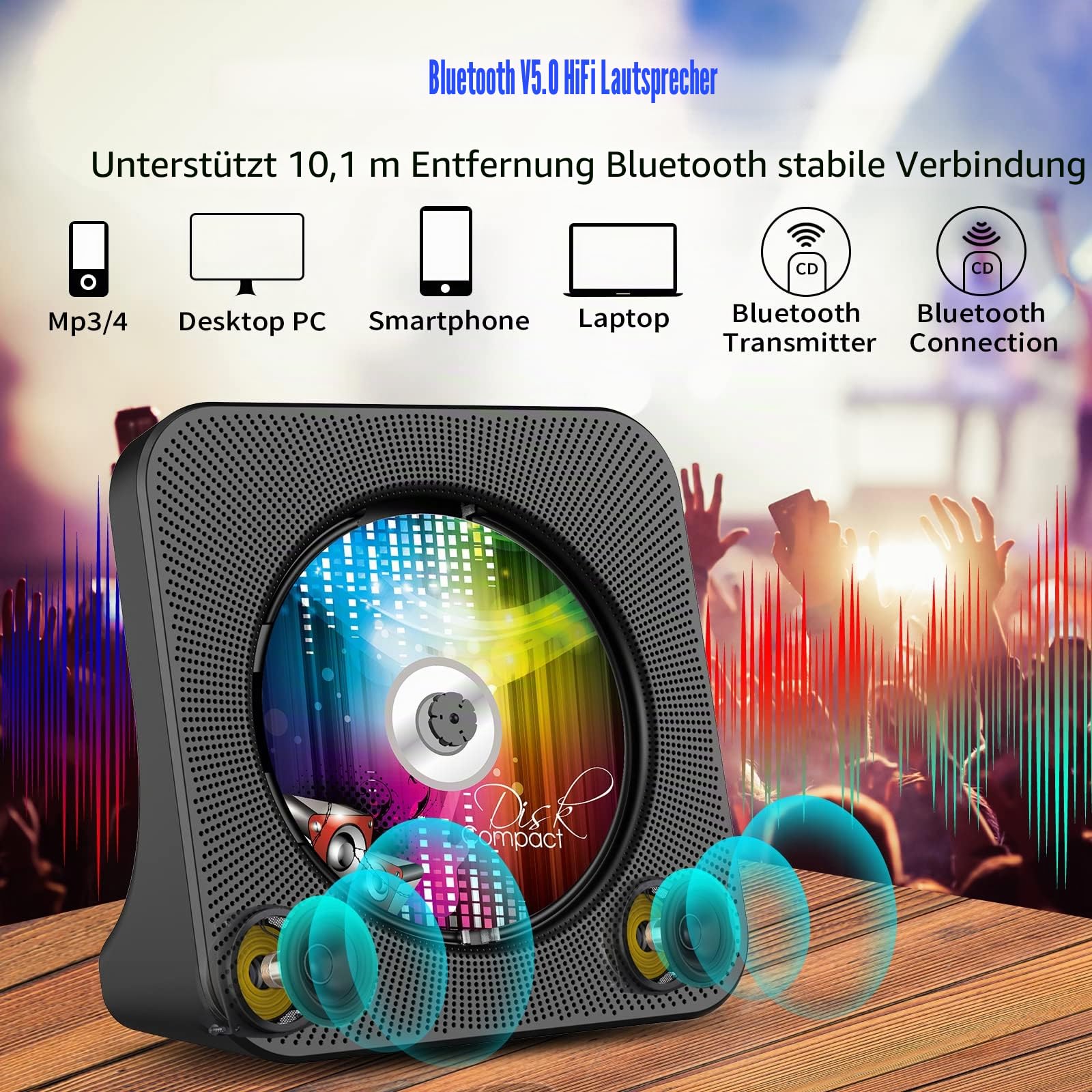Gueray Tragbarer CD-Player, Bluetooth CD Kpop Player für Desktop mit HiFi-Sound-Lautsprecher, niedlicher FM-Radio-CD-Musik-Player für Zuhause mit Fernbedienung, Staubschutz, LED-Bildschirm