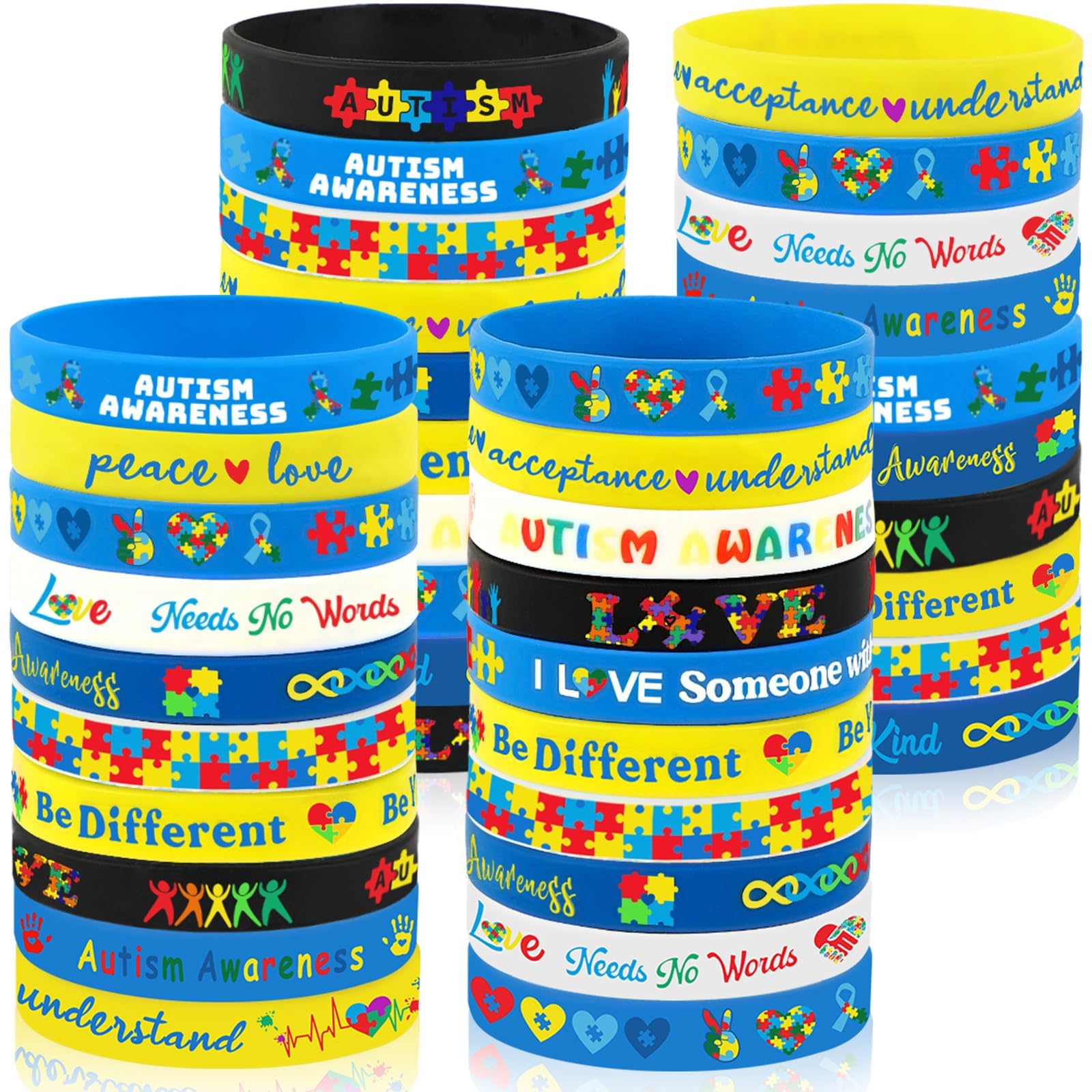JUNEBRUSHS 120pcs Autism Awareness Silicone Bracelets Puzzle Pieces Ribbons Pattern Inspirational Motivational Rubber Wristbands for Autism Awareness