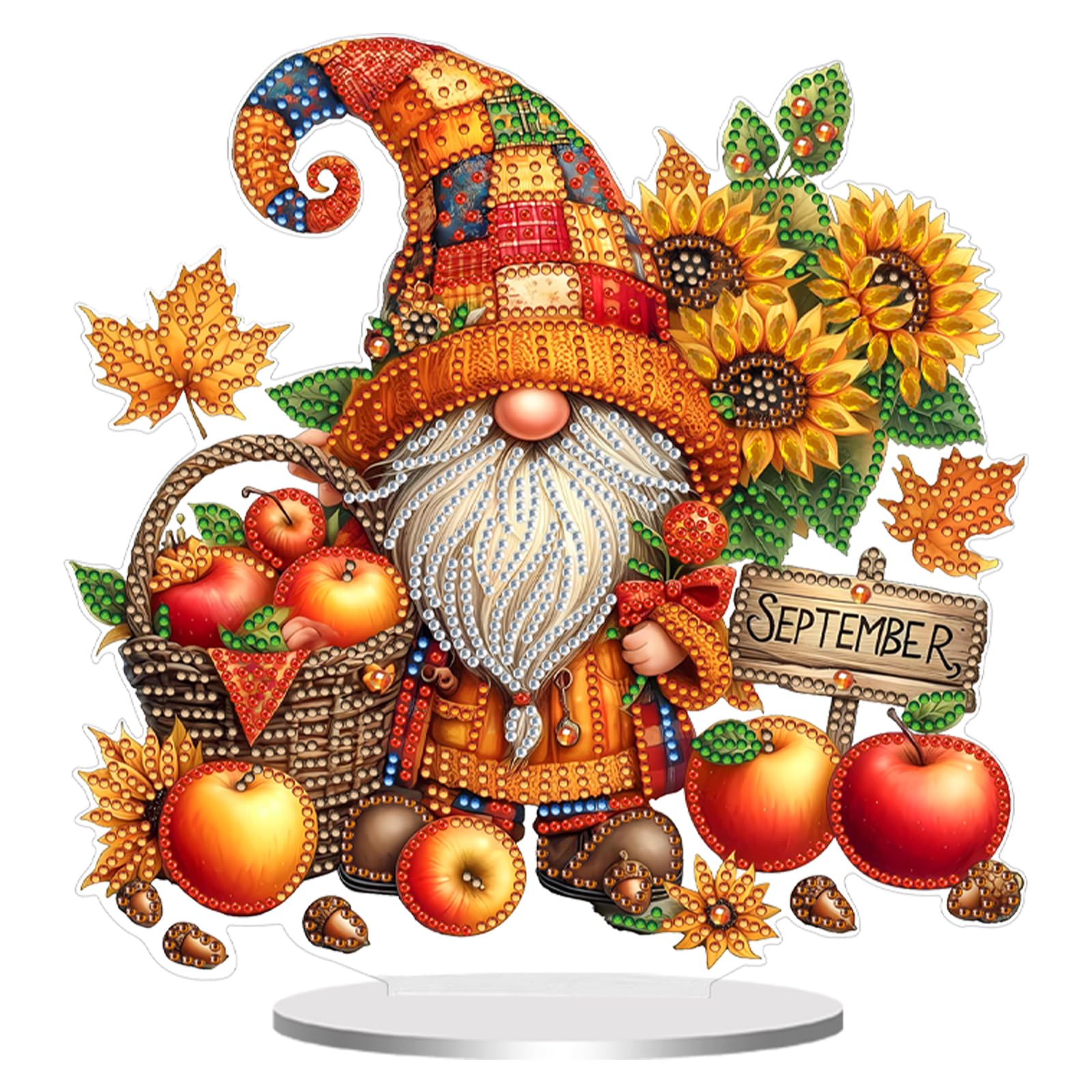 Diamond Art Acrylic Gnome Tabletop Ornament Kit for Adults – 5D Special Shape DIY Desktop Decor Stand, Monthly Holiday Craft Gift(September Gnome)