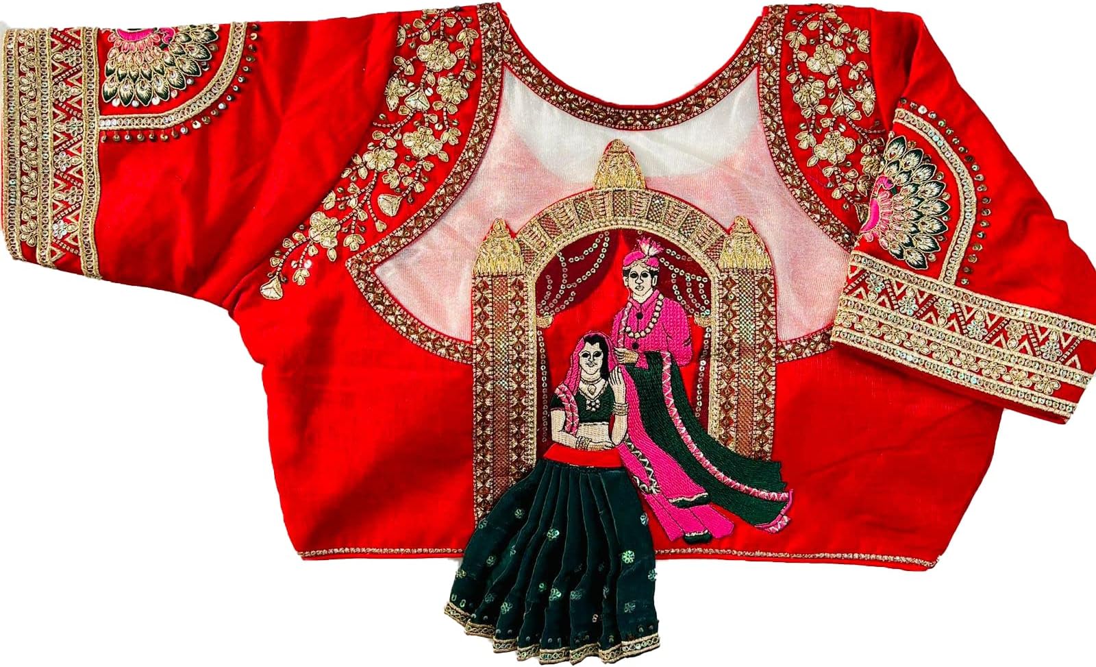 Pujia MillsWomen's Heavy Milan Silk Codding Sequins Handwork and Cutwork Half Sleeve Blouse Women's Bridal Blouse Readymade Heavy Work Embroidery Readymade Saree Blouse for Women, Red, 42