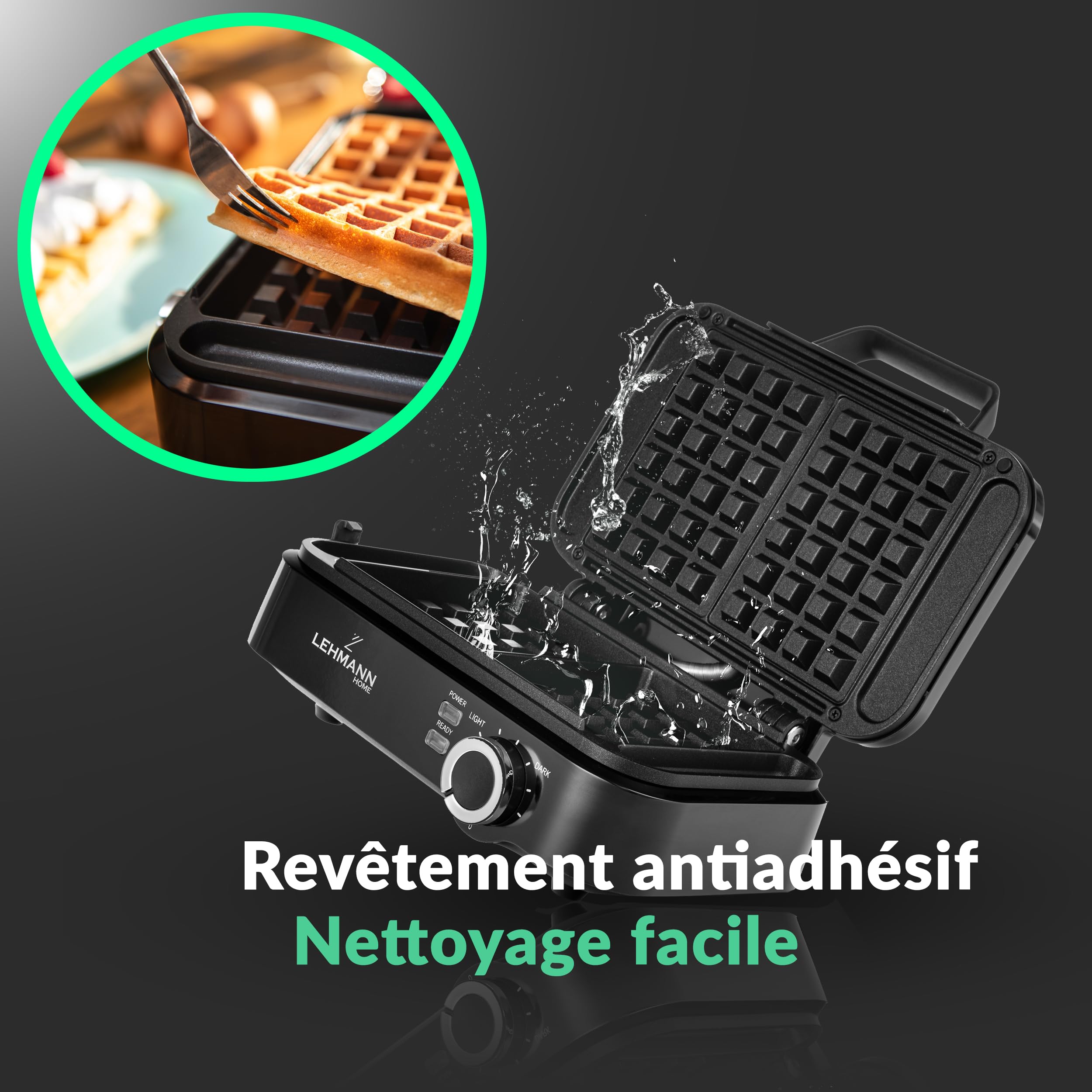 LEHMANN Gaufrier Double pour Gaufres Belge, 1200W, Gaufres 12,5 x 8,5 x 2 cm, Prêt en 3 Minutes, Réglage de la Température Jusqu'à 240°C, Revêtement Antiadhésif, Nettoyage Rapide et Facile