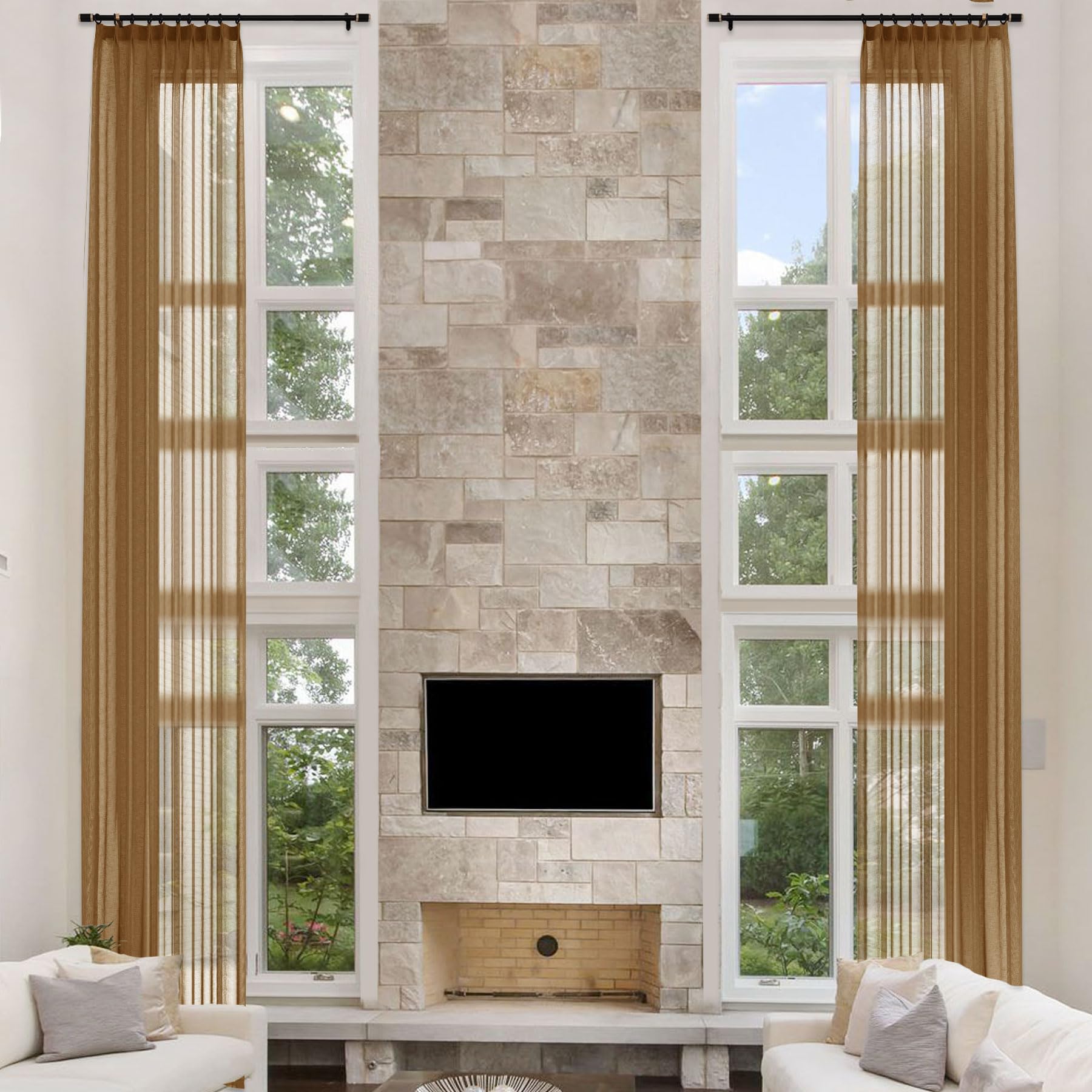 Fcosie 120 Inches Long Pinch Pleated Faux Linen Sheer Curtains (Light Brown, 1 Panel), Extra Long Light Filtering Drapes, High Ceiling Curtains,