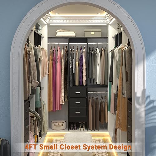 Miniatura 2 de Sistema de armario pequeño de 4 pies con 3 cajones de tela, sistema organizador de armario de 48 pulgadas con 3 estantes ajustables, perchero