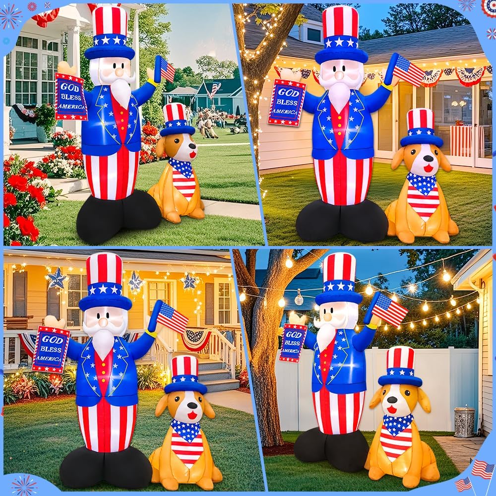 7FT Patriotic Independence Day 4th of July Inflatables Outdoor Decorations, Inflatable Uncle Sam with Dog, Built in LED Lights Blow up Fourth of July Decor for Holiday Party Garden Yard Lawn