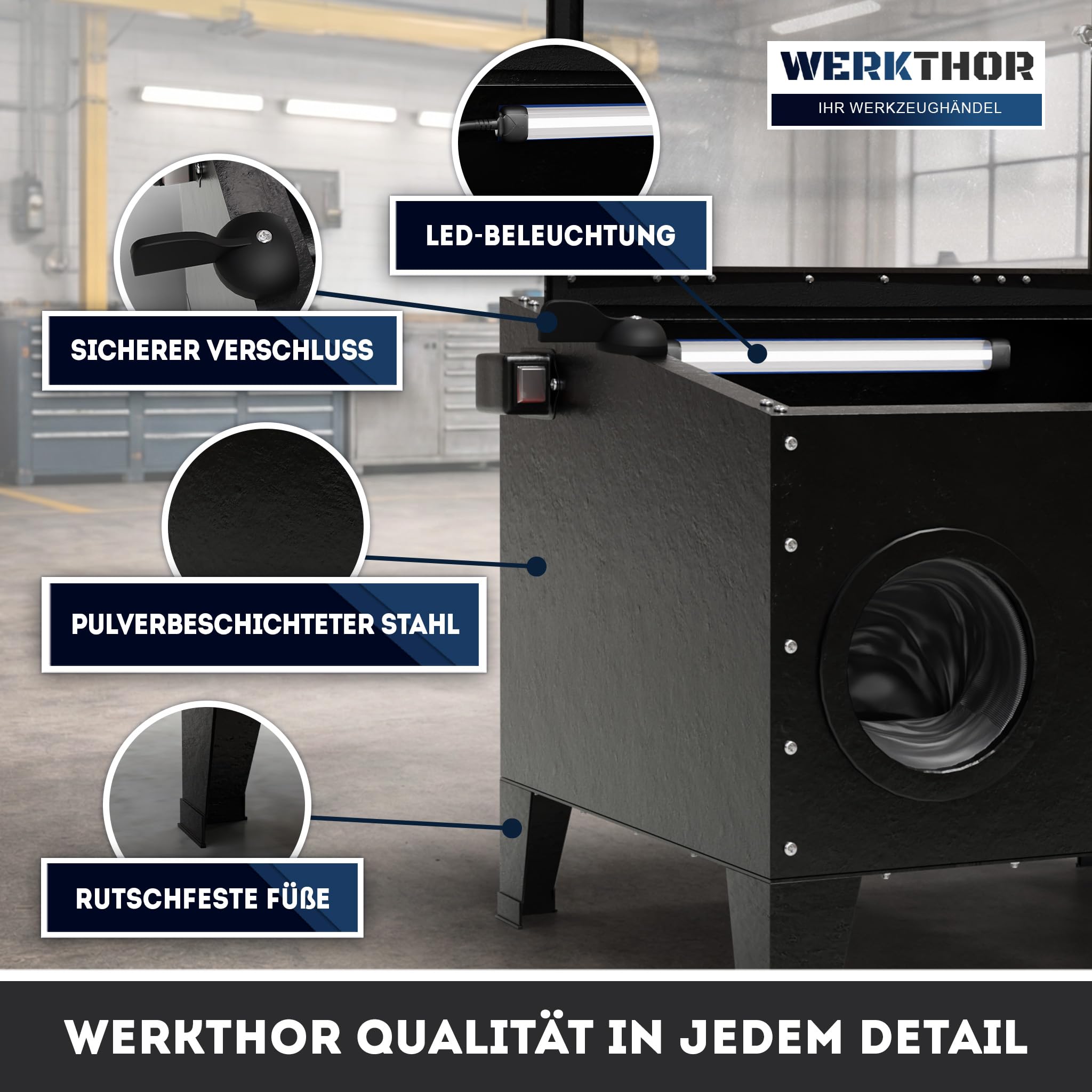 Werkthor Sandstrahlkabine 90 Liter - Sandstrahlgerät für Holz & Metall mit Strahlpistole & 4 Keramikdüsen - Sandstrahler zur Aufbereitung - 25 Gallonen