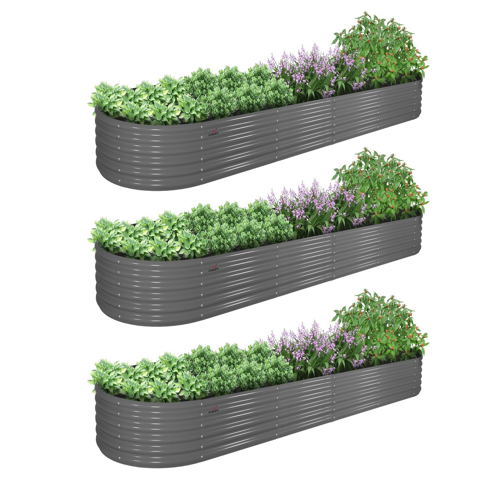 A ANLEOLIFE 3 Pcs 12X3X1.5 ft Oval Extra Large Galvanized Raised Garden Beds Outdoor for Planting Vegetables Flowers Herb, Quartz Grey