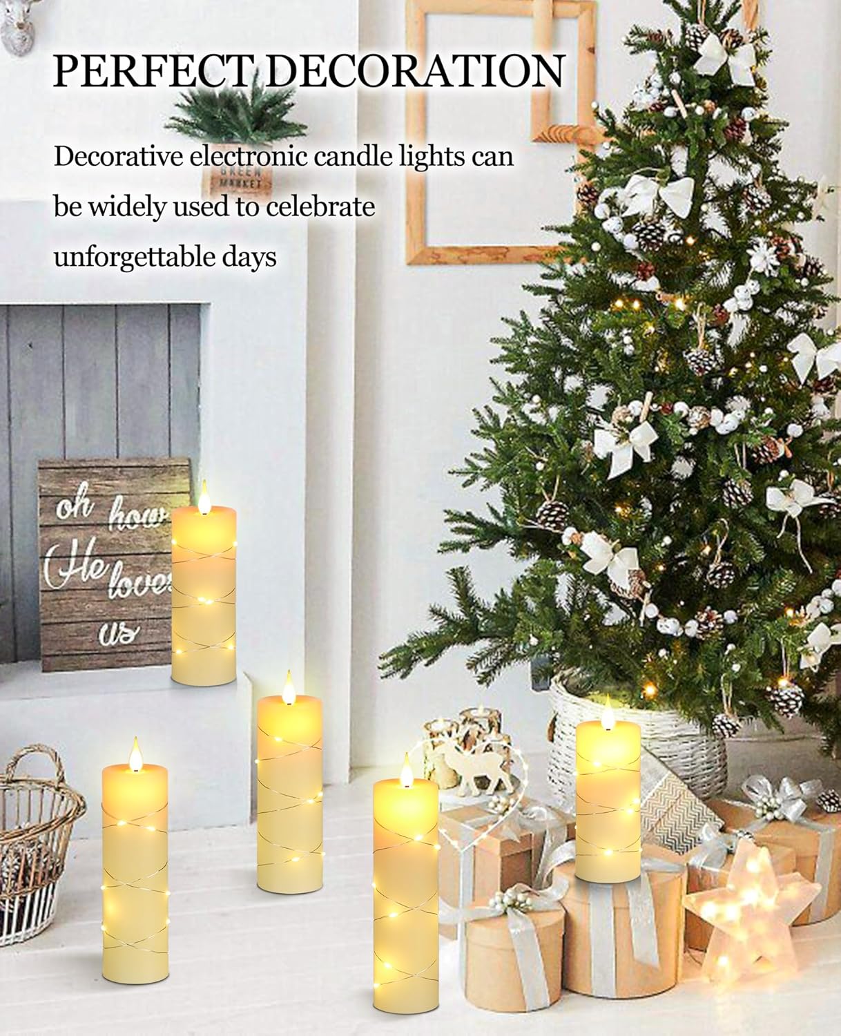 Da by Flickering Flameless Candles with String Lights, Battery Operated Candles with Remote and Timer, LED Pillar Candle Real Wax,5 Pack-Ivory White