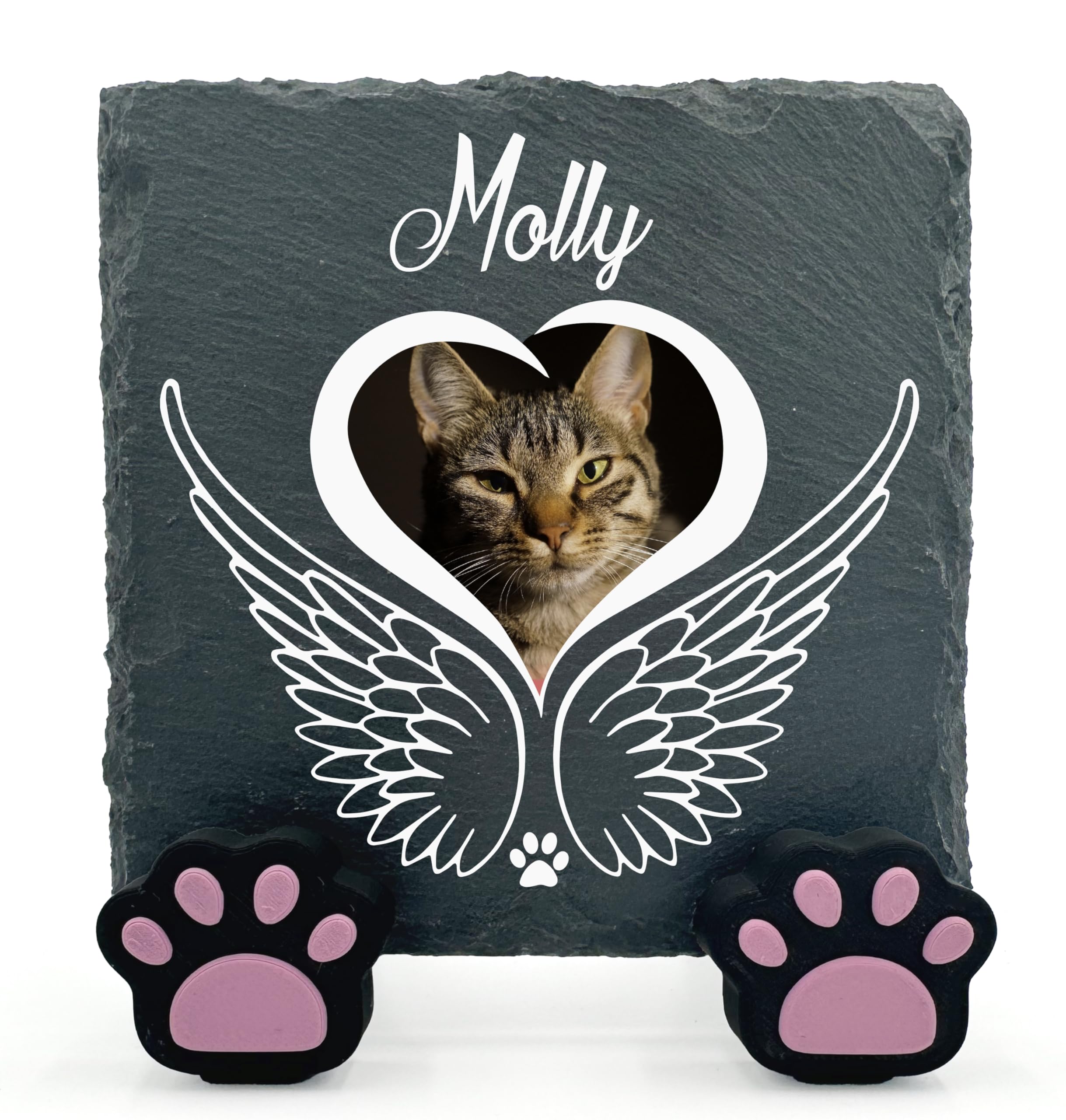TULLUN Personalised Individual Square Memorial Small Plaque with Paw Stand For Pet Cat Dog Slate Stone Frame Grave Marker - Size 5.9" x 5.9" or 150 x 150 mm - Angel Wings — image 1