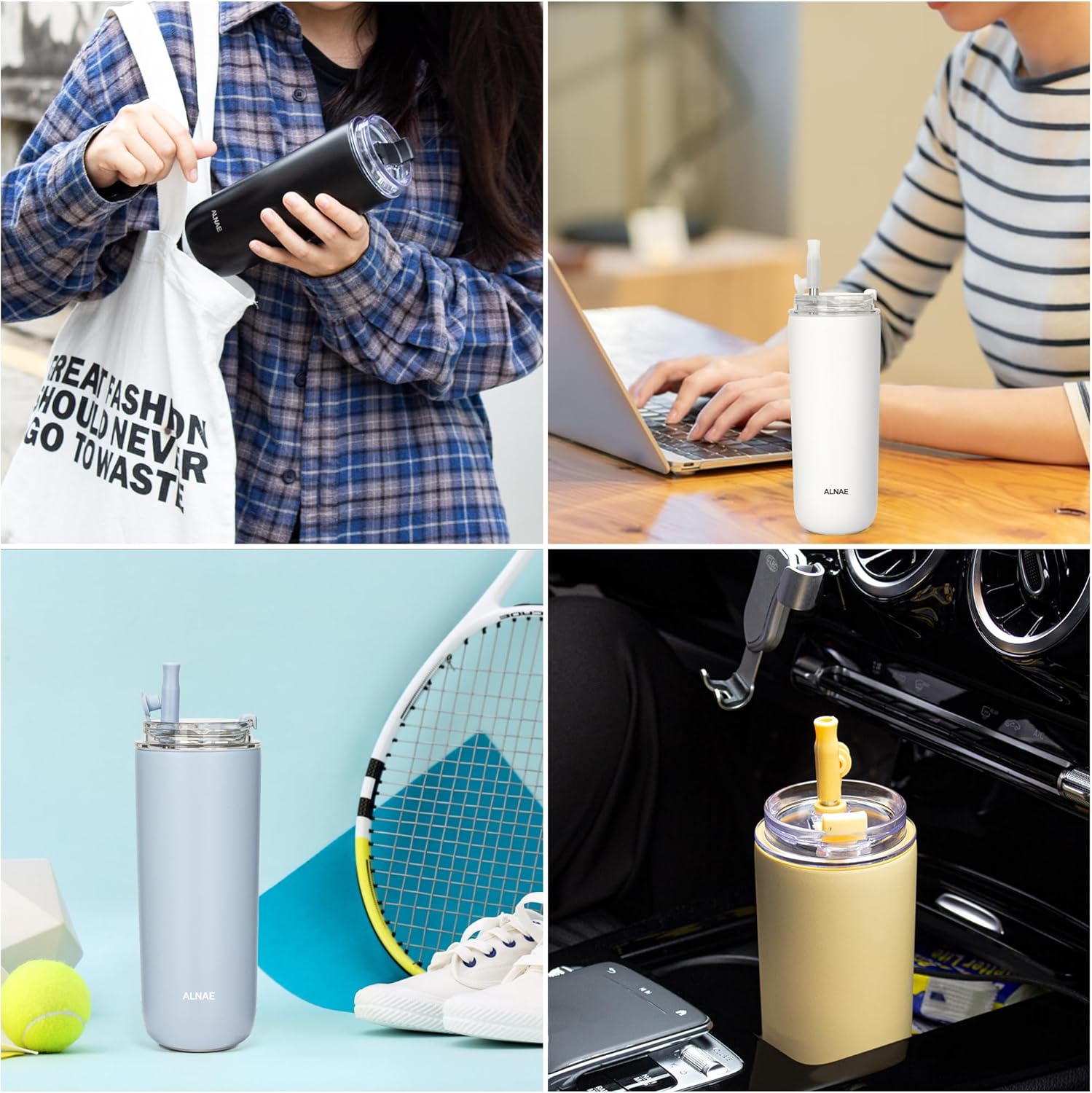 ALNAE タンブラー 500ml 水筒 可伸縮ストロー付き 直飲み 蓋付き こぼれない 二重構造 保温保冷 持ち運び アウトドア プレゼント用 女の子 男の子 5色