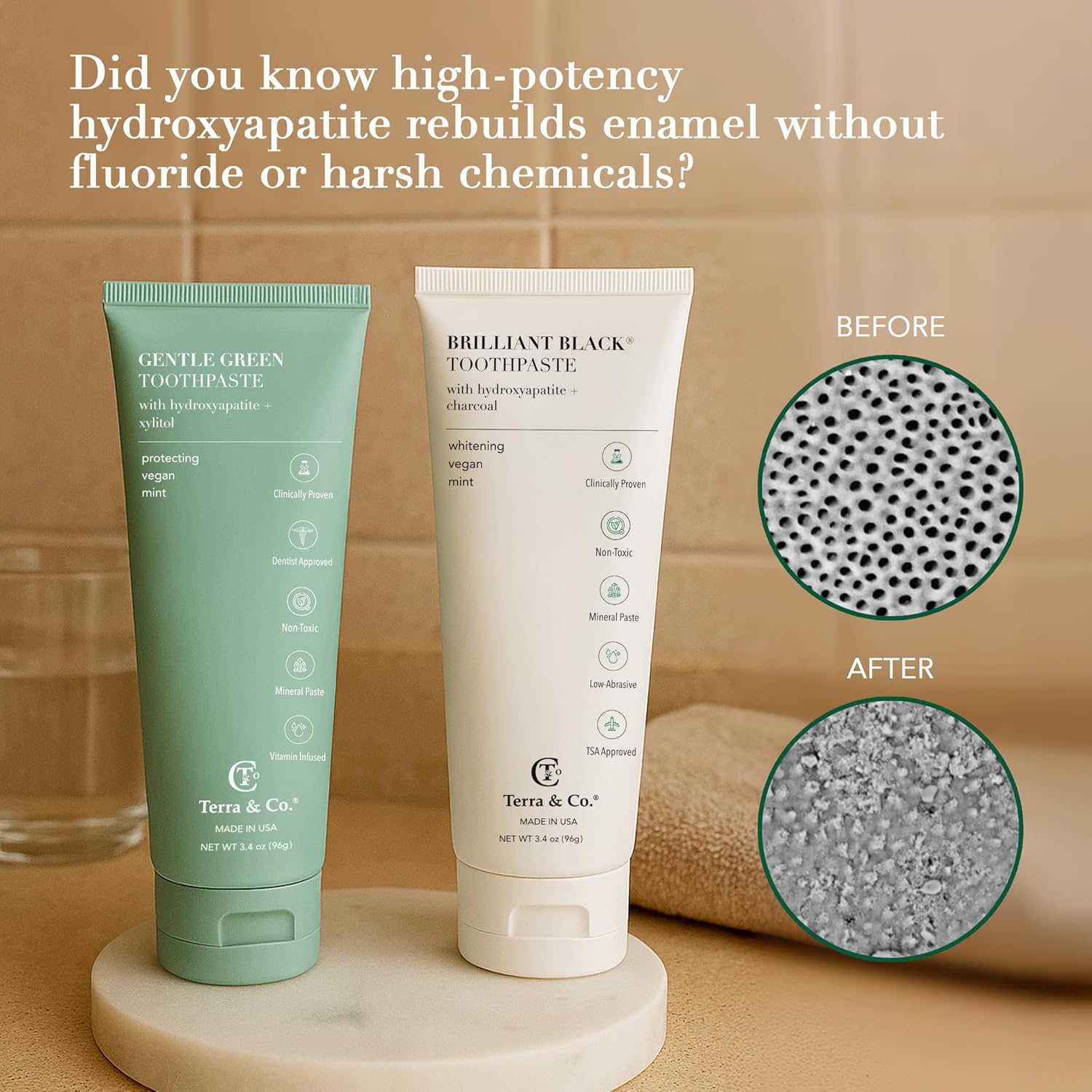 Terra & Co. Brilliant Black Hydroxyapatite Toothpaste for Whitening Teeth – USA-Made - Natural Remineralizing Toothpaste, Fluoride-Free, Vegan, SLS-Free, Low Abrasion – Mint, 3.4 oz