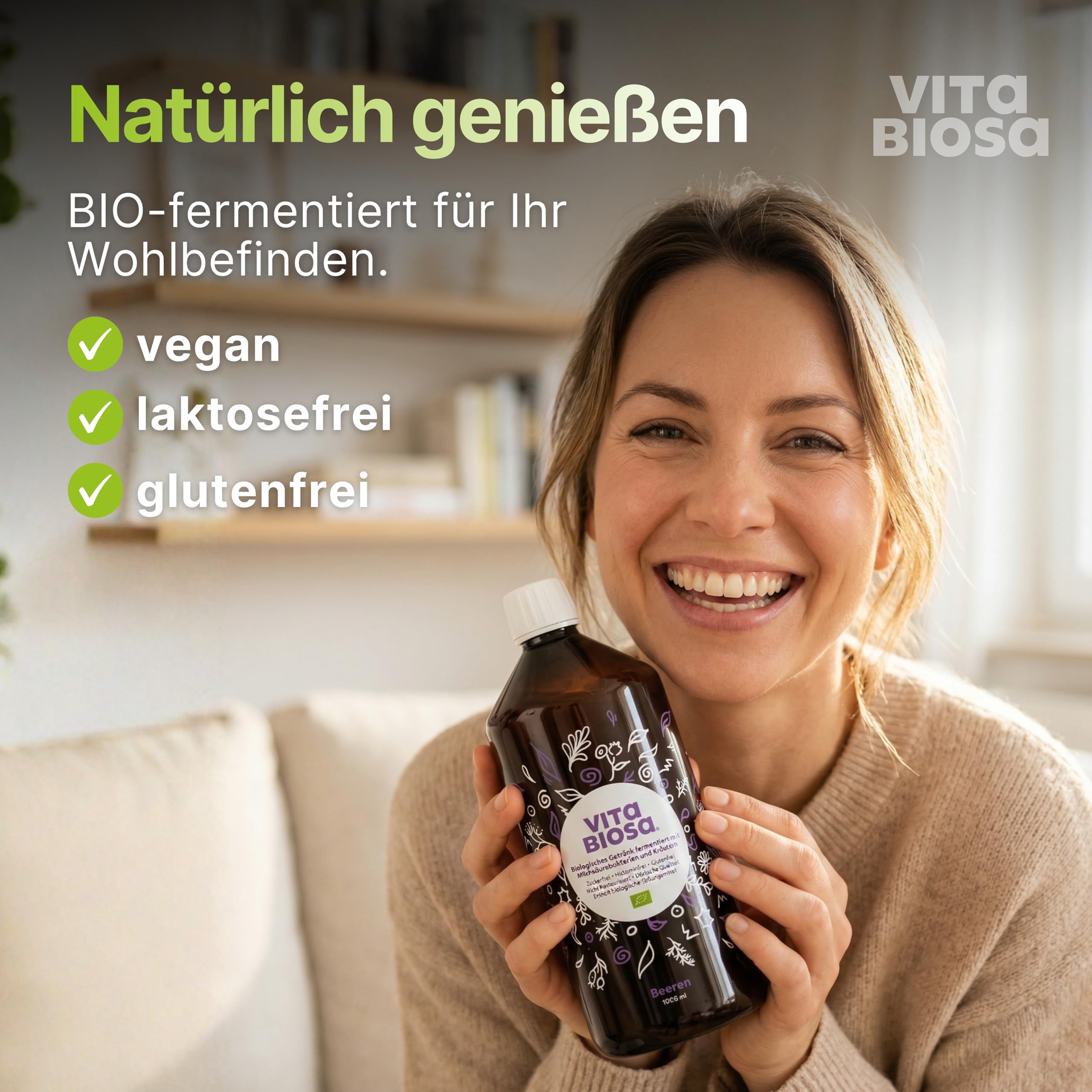 Vita Biosa Beeren Bio Fermentgetränk 1 L – süß-saure Variante mit Aronia, Johannisbeere und Heidelbeere – Milchsäurekulturen - 19 Kräutern – vegan, zuckerfrei, laktosefrei, Bio-Qualität