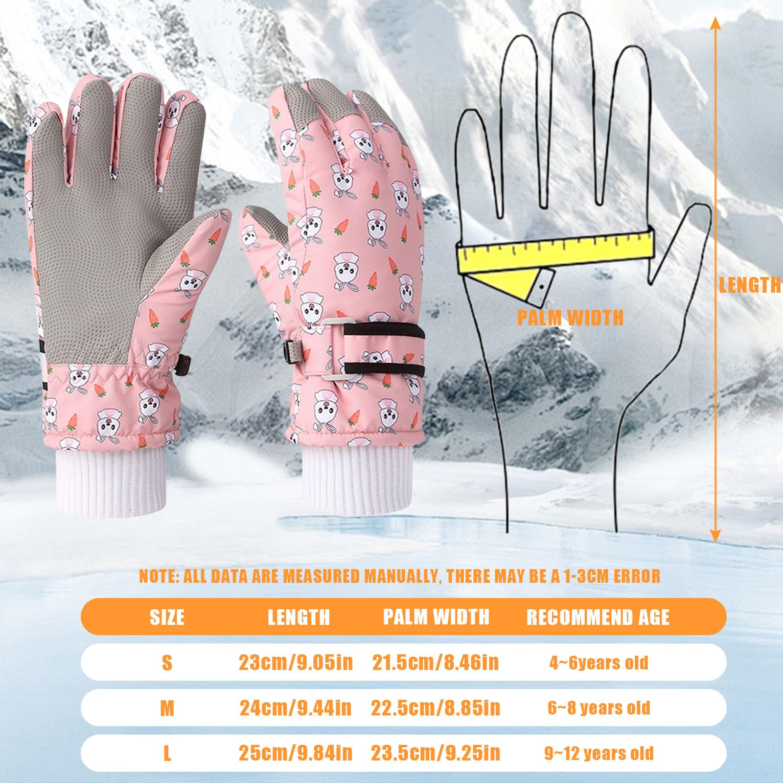 Kids Winter Ski Gloves, 1 Pairs Waterproof Kids Snow Ski Gloves Warm Full Finger Gloves Mittens for Cold Weather Boys Girls (Pink, M (6-9Years))