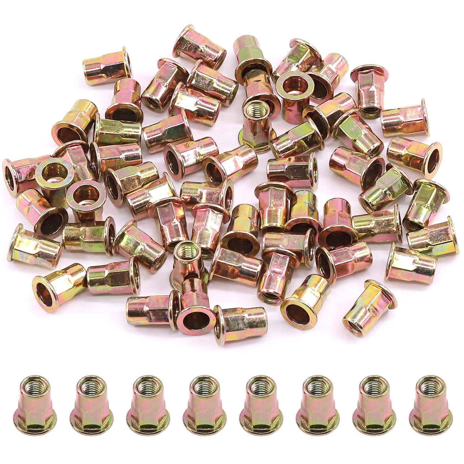 Glarks 60Pcs M6 Half Hex Body Flange Rivet Nuts Zinc Plated Carbon Steel Flat Head Threaded Insert Nut Rivnut Set (M6)