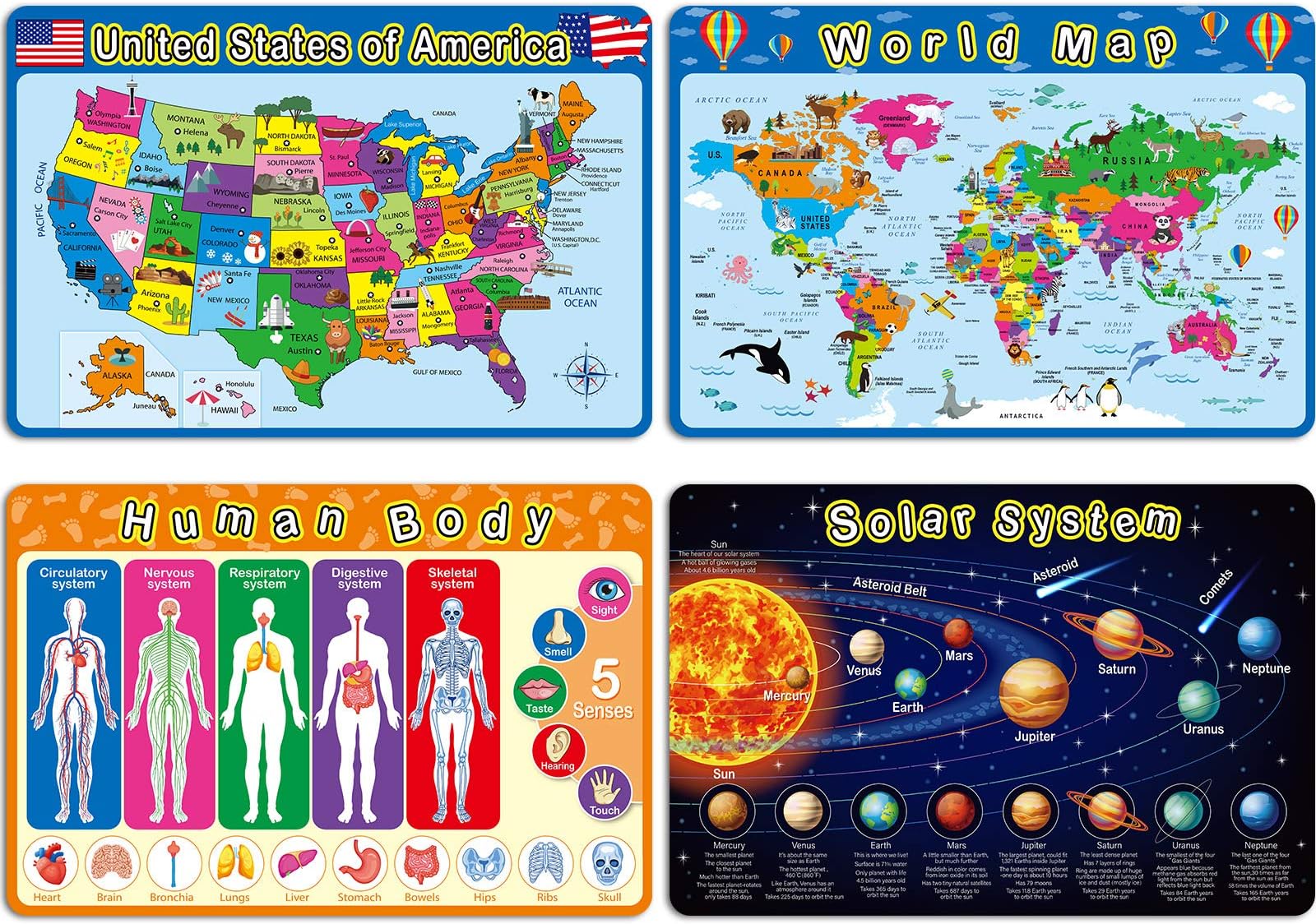 Patelai 4 Pcs Kids Placemats for Dining Table Educational Preschool Toddler Placemat,Learning,Non Slip,Washable,Reusable,Plastic,for Nursery Home Kindergarten Classroom(Map, Human Body, Solar System)