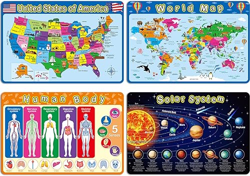 Patelai 4 manteles individuales infantiles para mesa de comedor, preescolar, aprendizaje, antideslizante, lavable, reutilizable, plástico, para