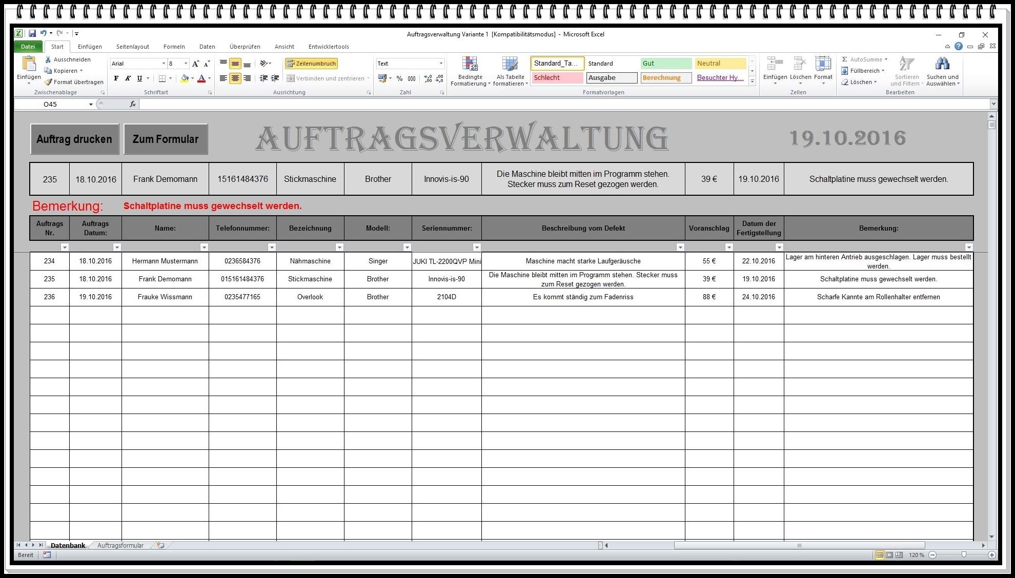 Auftragsverwaltung mit Abholschein für Excel inkl. Rechnungsvorlage | Kundenverwaltung, Auftragsannahme