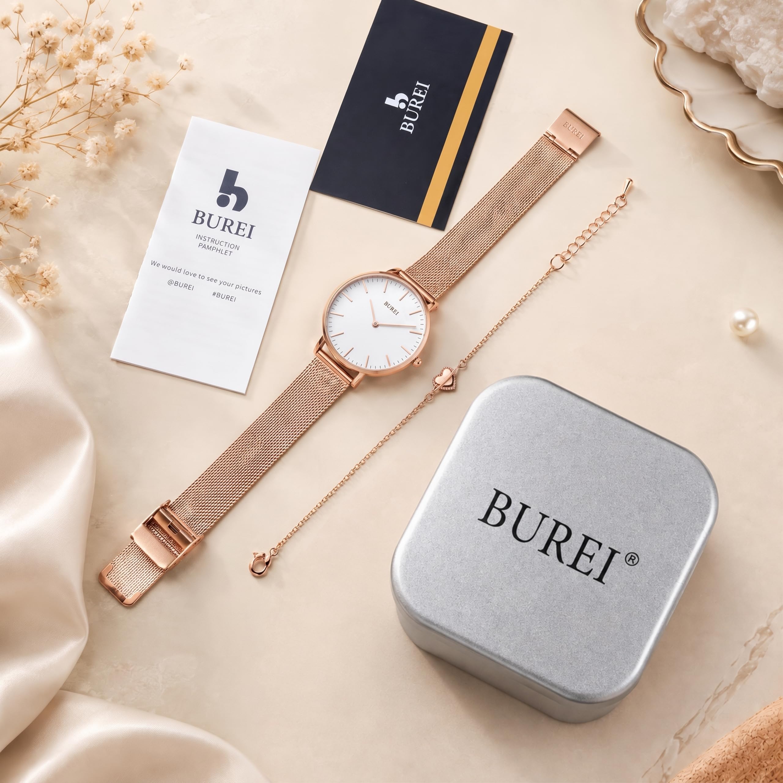 BUREI Montre Ultra Fine Demen Minimaliste Demen Montre analogique à Quartz Japonais avec Bracelet en Maille en Acier Inoxydable Cadeau pour Femme