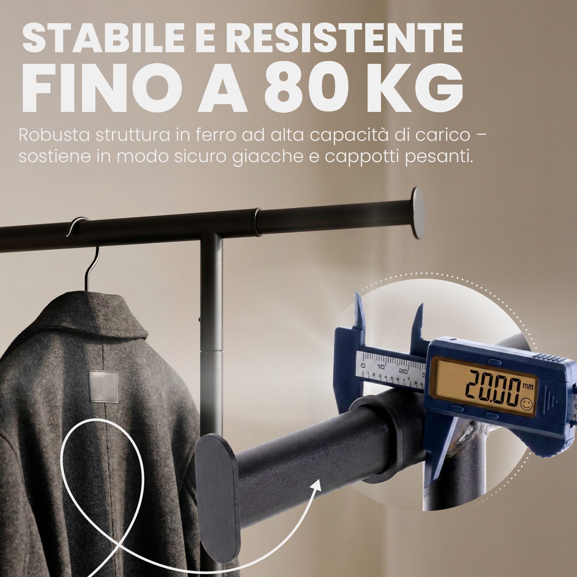 CLP Appendiabiti con ruote Bernis, guardaroba in metallo estensibile, barra robusta fino a 80 kg con ripiano portascarpe, Dimensione:XL