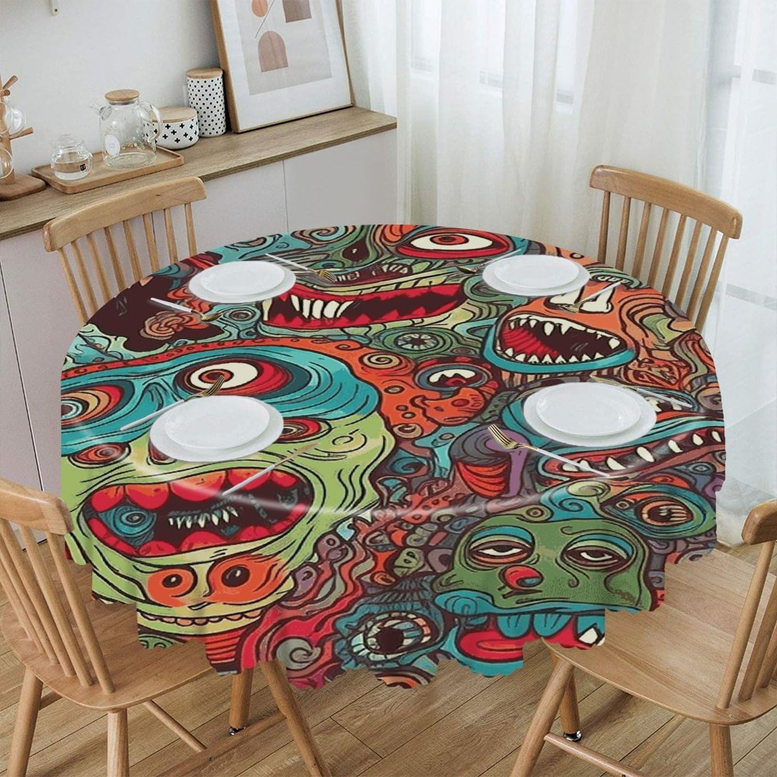 VstaDank Abstract Monster Round Tablecloth 60 Inch Easy to Clean Circle Table Cover Thick Decorative Round Polyester Table Cloth for Dining Kitchen Party Farmhouse Outdoor
