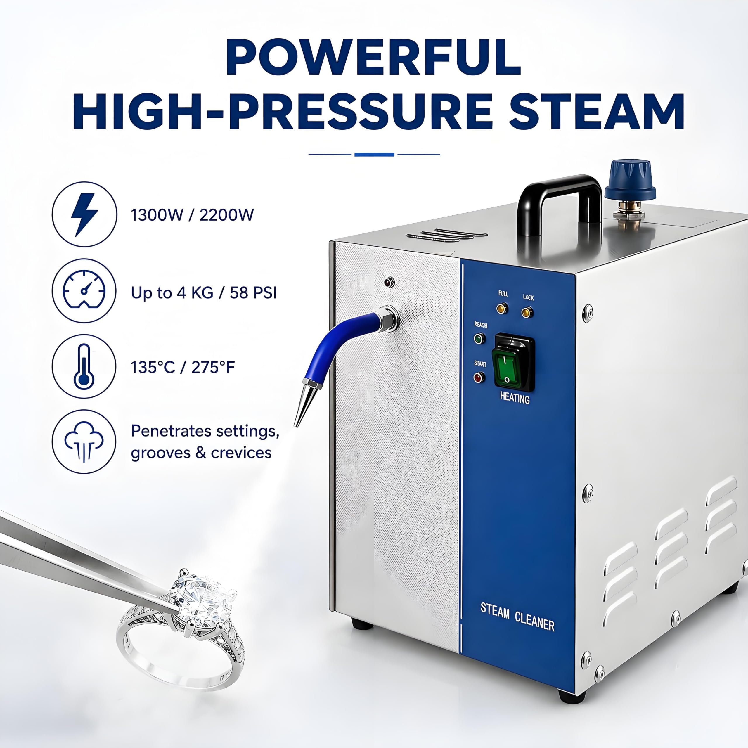 Myjka parowa do biżuterii 1300 W/2200 W, 2/4 l, stal nierdzewna 4L