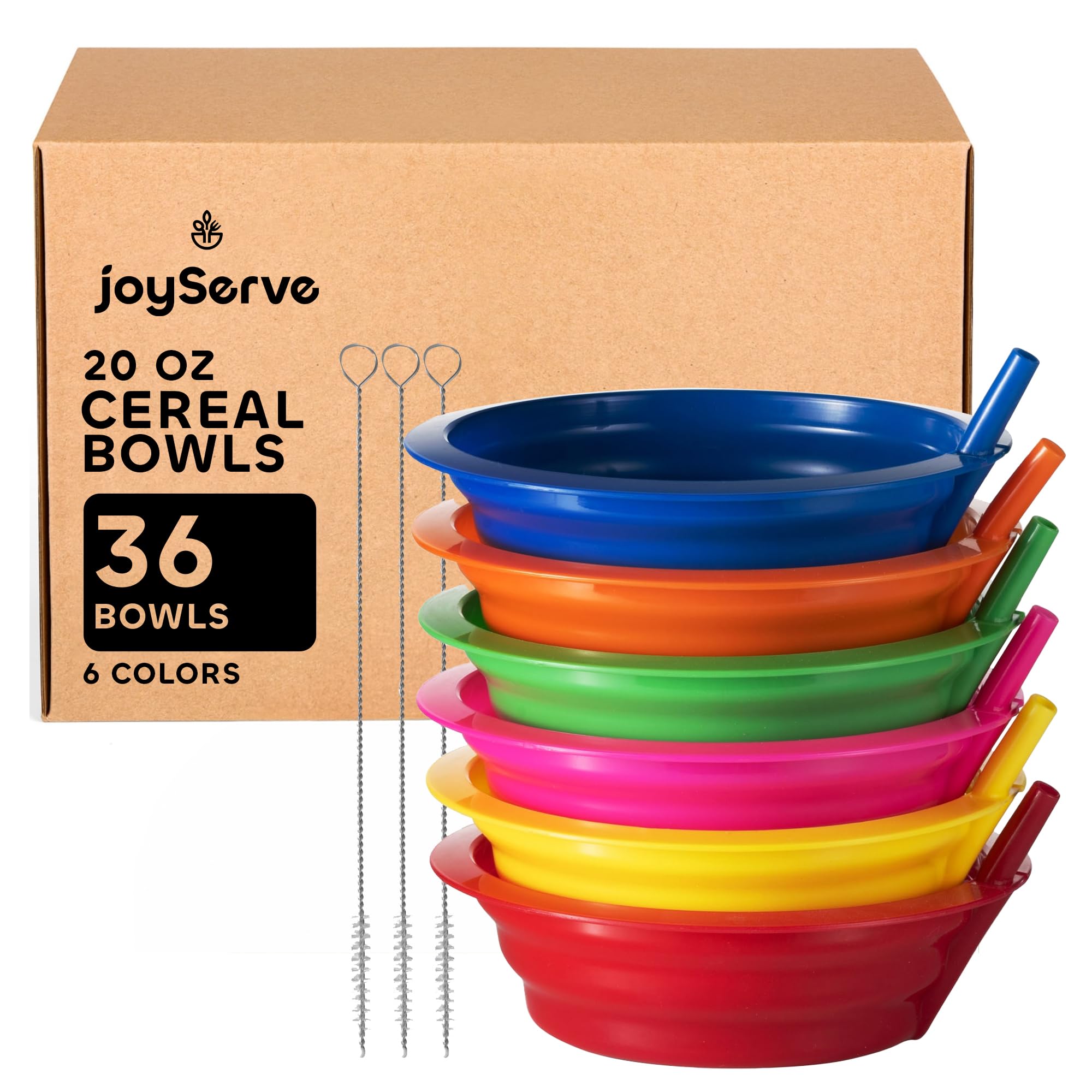 JoyServe Cereal Bowls with Straws for Kids (Set of 36-20-Ounce Bowls) BPA-Free Plastic Reusable Bowls with Built-In Straws for Children - Dishwasher and Microwave Safe, Includes 3 Cleaning Brushes