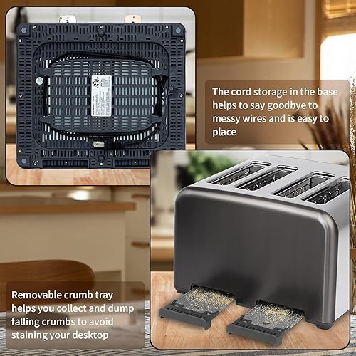 Miniatura 7 de SEEDEEM Tostadora de 4 rebanadas, pantalla LCD de acero inoxidable y botón táctil, 6 selección de pan, 7 ajustes de sombra, tostadora de ranuras de