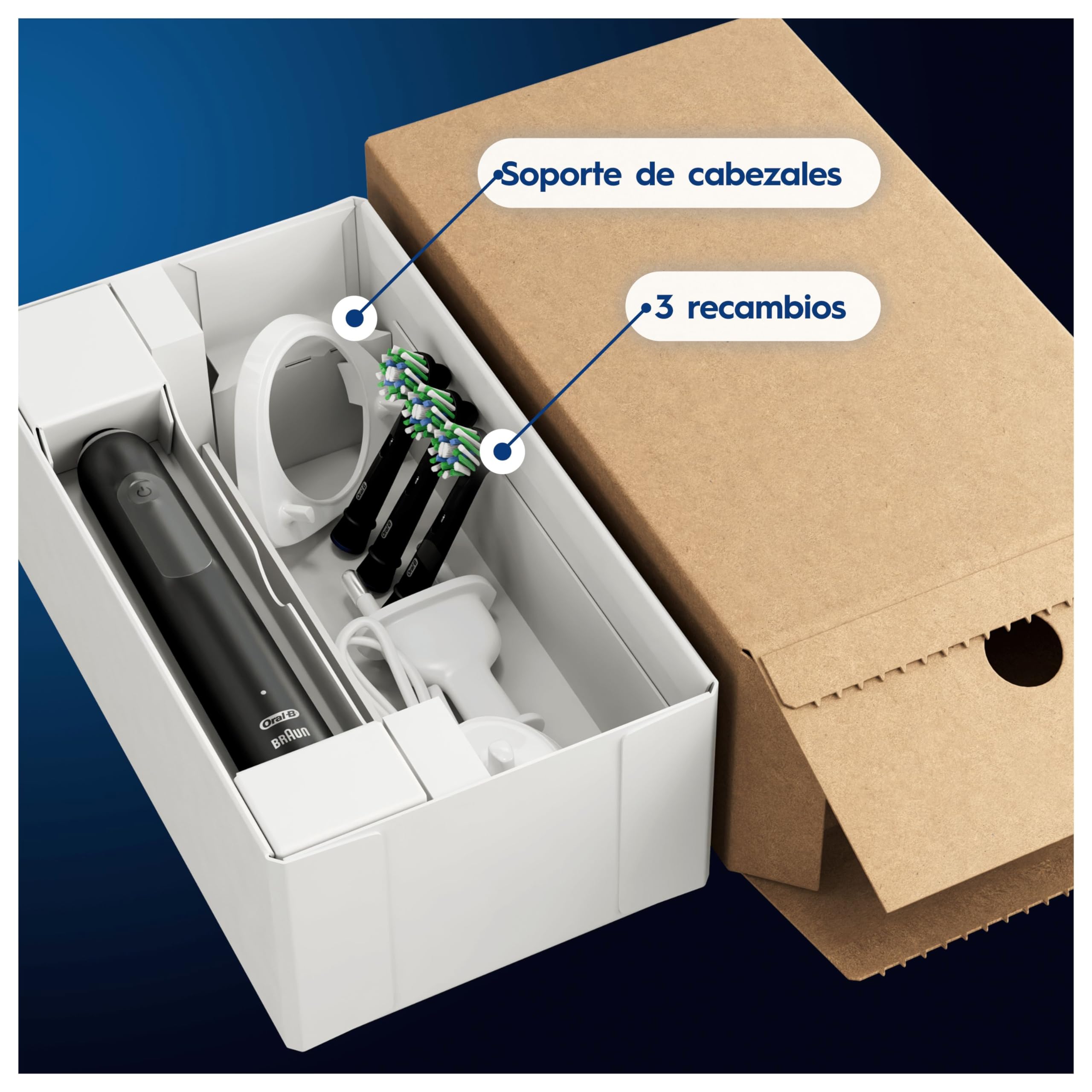Oral-B Pro 3 Cepillo de Dientes Eléctrico Negro con Mango Recargable y 3 Cabezales, 3 Modos De Cepillado Con Modo Sensible, Temporizador, Diseñado por Braun, Regalos Originales para Mujer y Hombre - 3