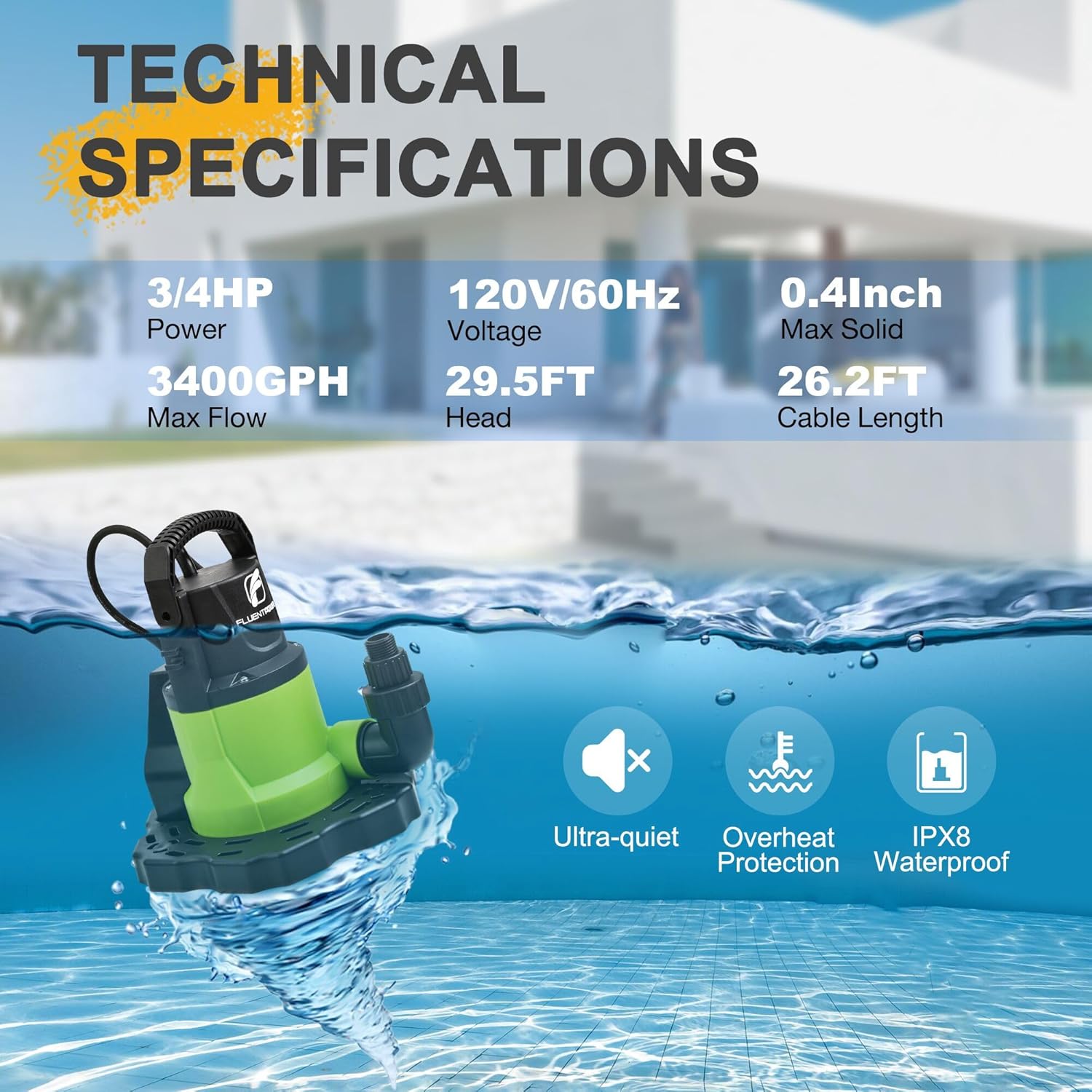 FLUENTPOWER Automatic Pool Cover Pump, 3/4HP 3400GPH Submersible Above Ground Water Removal Pump with Check Valve Adapter, 26FT Power Cord for Pool, Hot Tub, Rooftop, Water Bed, Basement Draining