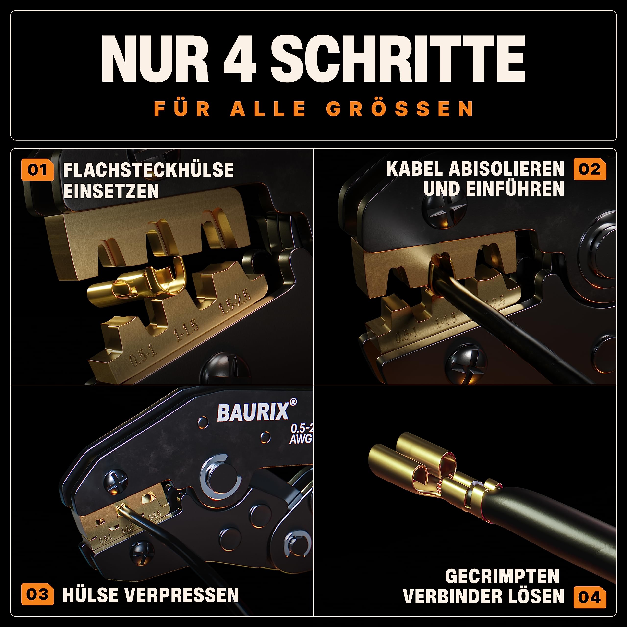 BAURIX® Crimpzangen Set – PERSEUS Aderendhülsenzange 0,25–10 mm², HEKTOR Kabelschuhzange 0,5–6 mm², KAIRON Flachsteckhülsenzange 0,5–2,5 mm² & MAGEC MC4 Solar Crimpzange