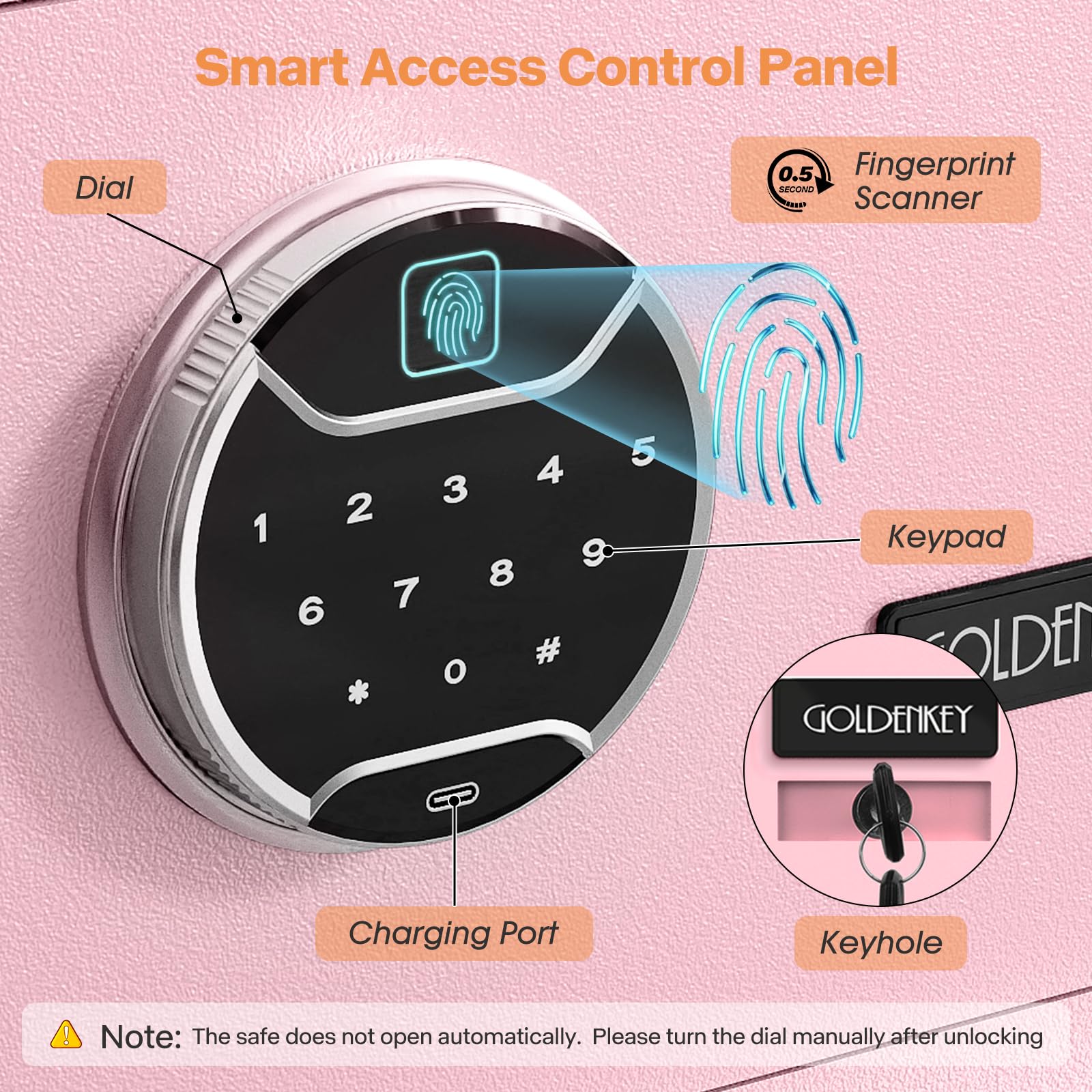 GoldenKey Cassaforte per impronte digitali rosa, cassaforte di sicurezza biometrica da 1,6 m Cu Ft con tastiera touchscreen, cassaforte per gioielli per contanti, cassaforte impermeabile ignifuga per