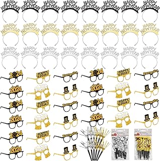 Wavyknot 72 Pieces 2024 New Years Eve Party Supplies Include 24 Happy New Year Headband 24 Pcs 2024 New Year Eyeglasses and 24 Gold Silver Fringed Noise Makers for New Year Party Favors Kids Adults