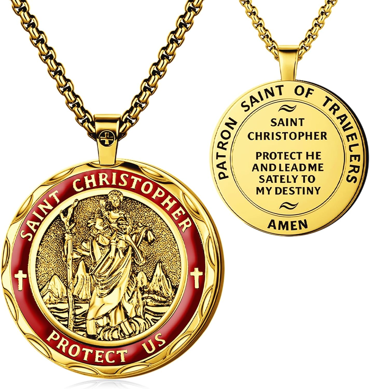 St.Jude/St.Christopher/Saint Joseph/Platinum-plated religious pendant, large coin necklace, 19.69+2 inch chain, Catholic patron saint medal, high polishing.