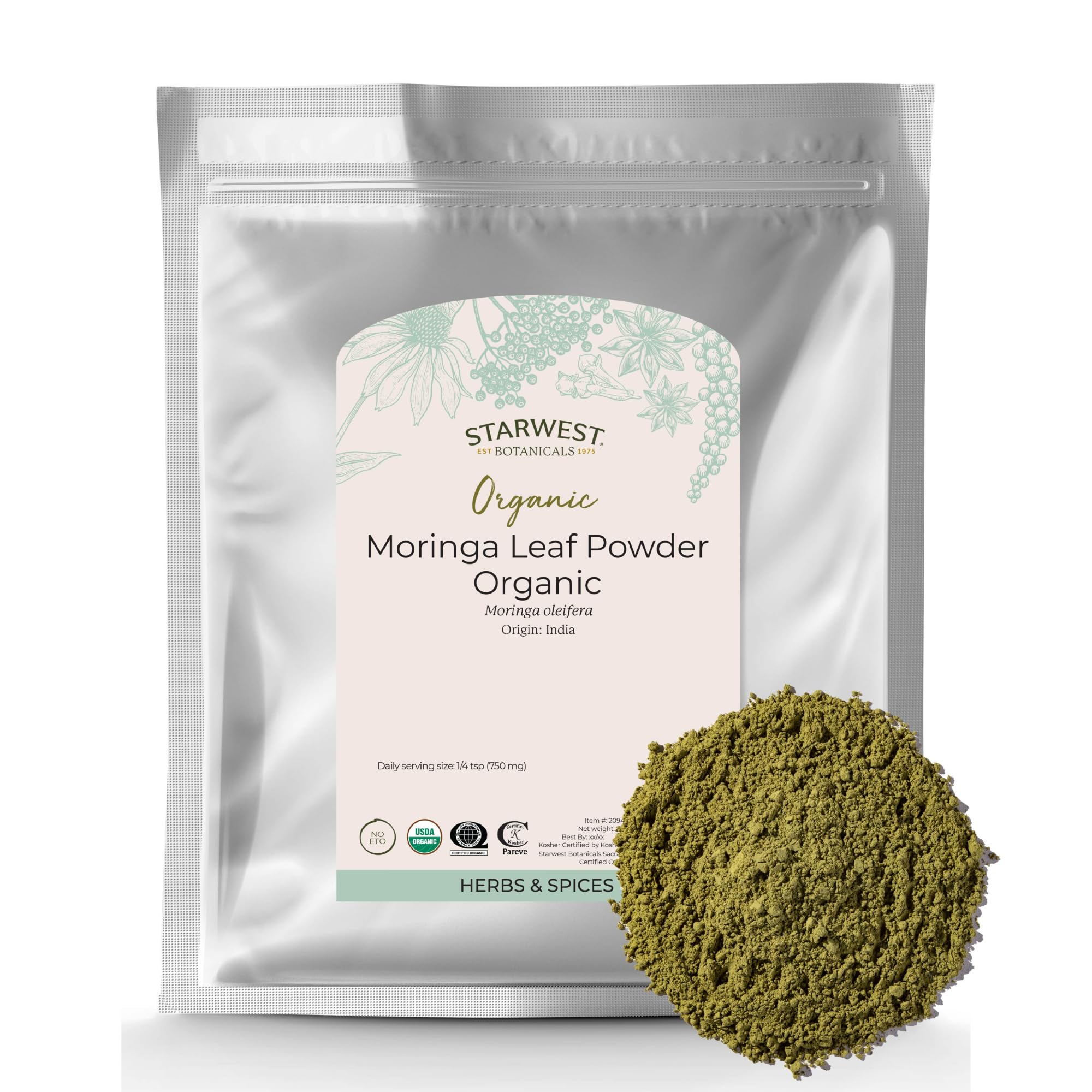 Starwest Botanicals Organic Moringa Leaf Powder - Natural Green Superfood Powder for Tea, Juice, & Smoothies, Certified Kosher, Non GMO - Bulk 1 lb Bag