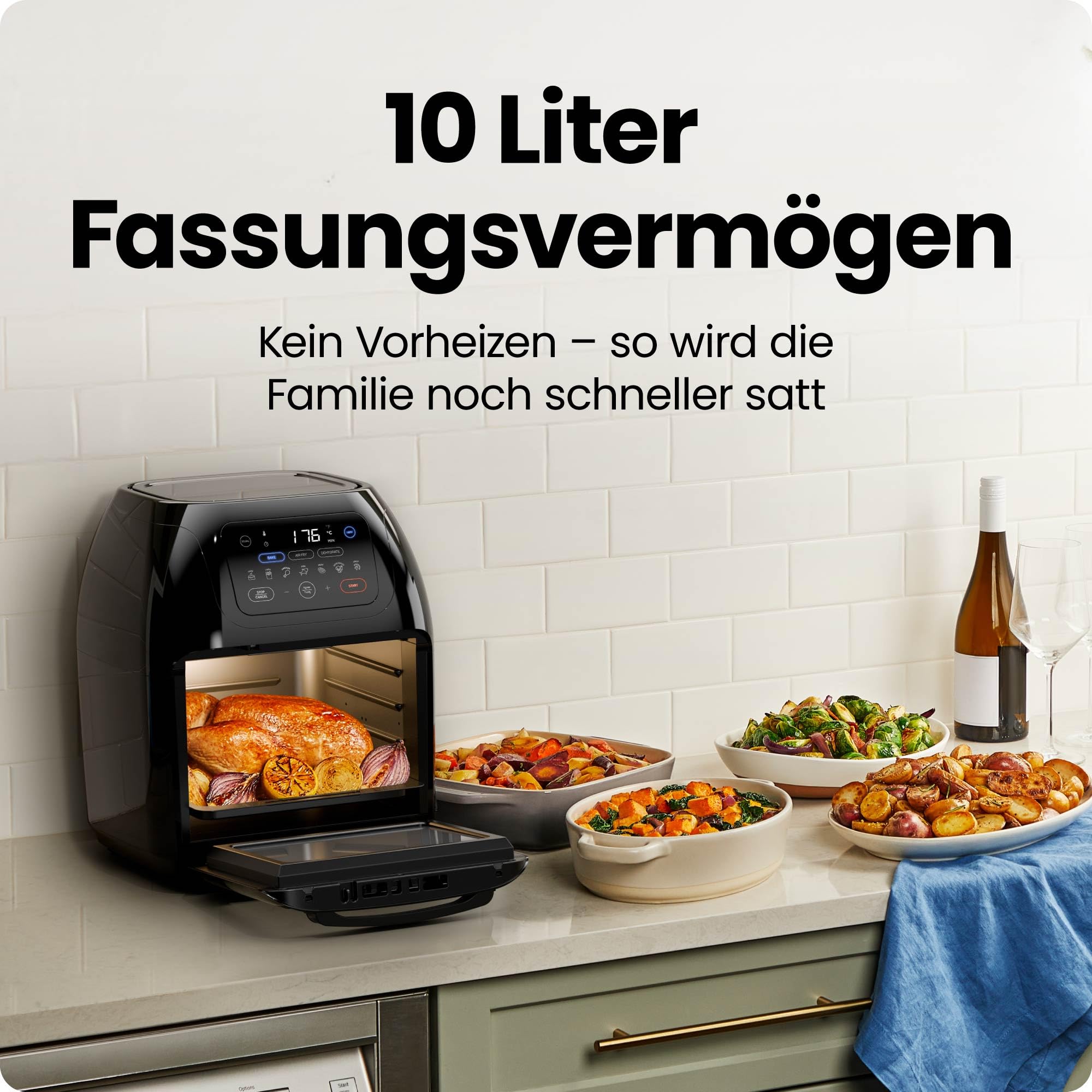 Chefman Multifunktionale Heißluftfritteuse 10L Digital Touchscreen Konvektion Dörrautomat Rotisserie Schwarz