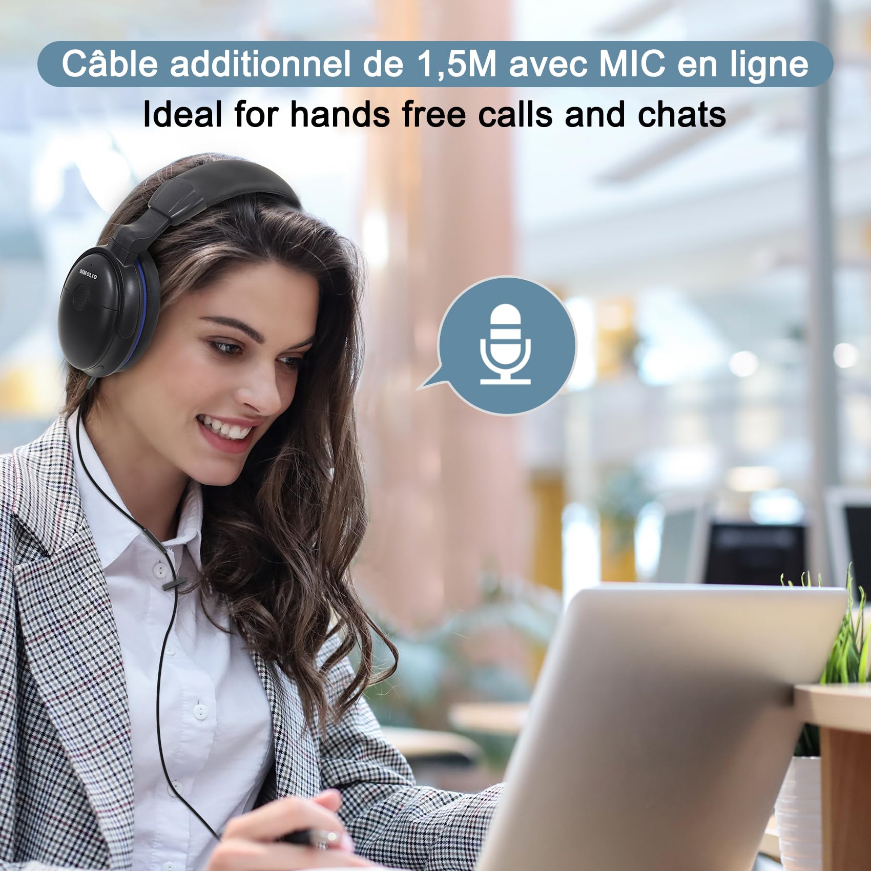 SIMOLIO Casque Circum Auriculaire Filaire pour TV, Son Amplifié,Long Cordon | Dialogues Clairs, Micro, Câble Spiralé Long 5,5 m, Casque TV avec Fil pour Seniors avec Réglage Volume & Clip, Autonomie 40 h
