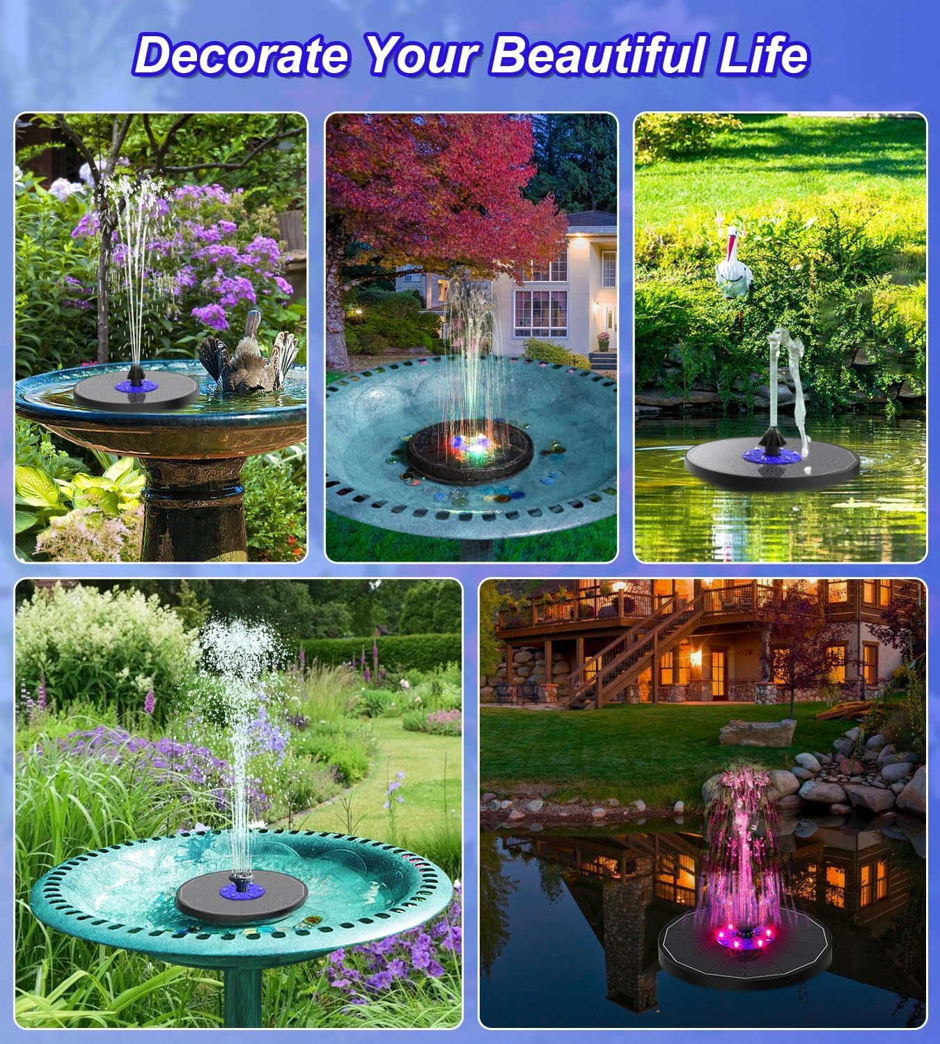 SZMP Fontaine Solaire LED Colorées, 3.5W Extérieur Flottante Pompe Bassin Solaire, 2200mAh Batterie, 2025 Fontaine Solaire Verre avec 7 Buses & 4 Tiges Fixes pour Bain d'oiseaux Aquarium Jardin