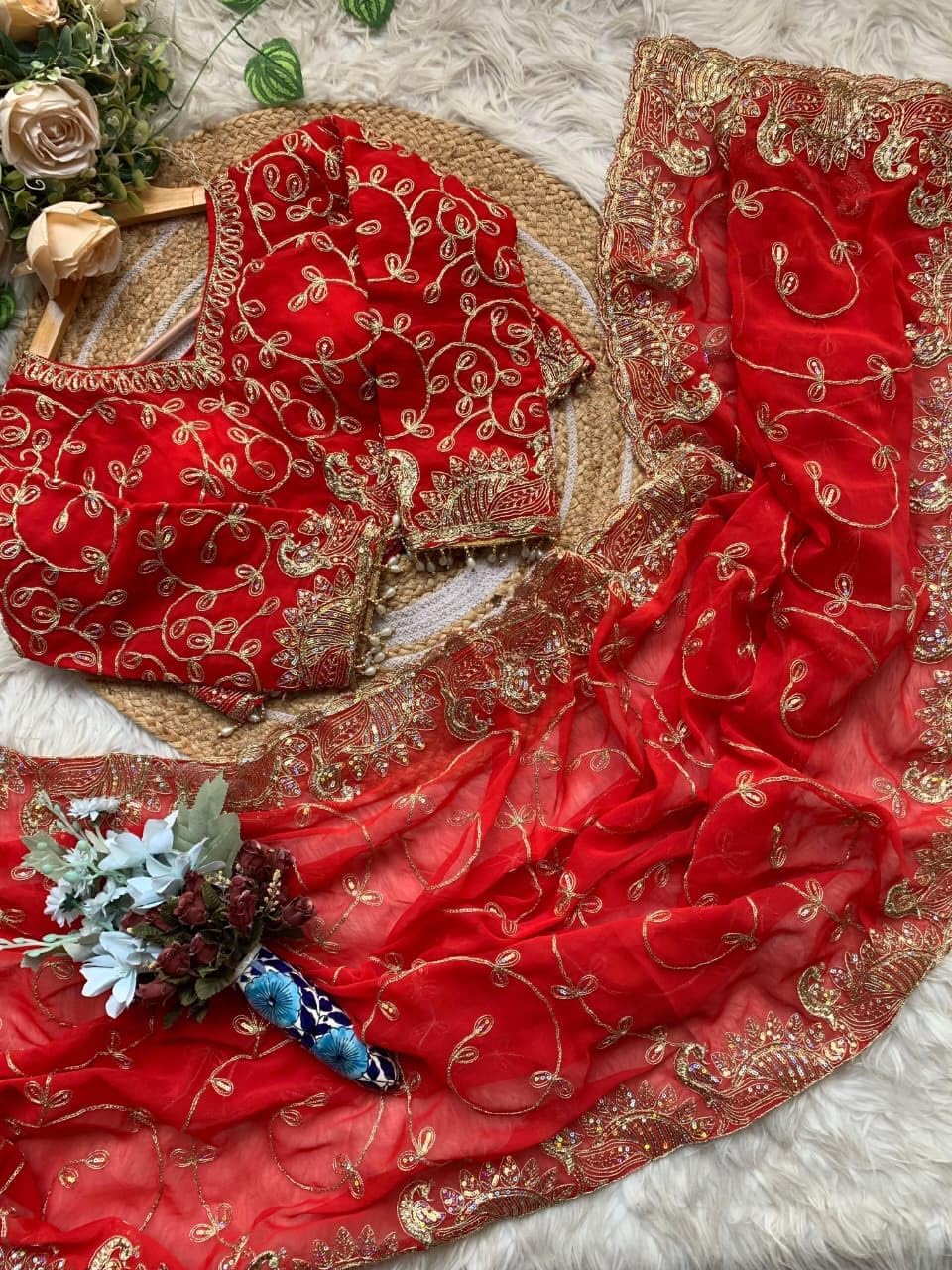 Women’s Designer Georgette Saree with Heavy Embroidery Cording & 3MM Sequence Work