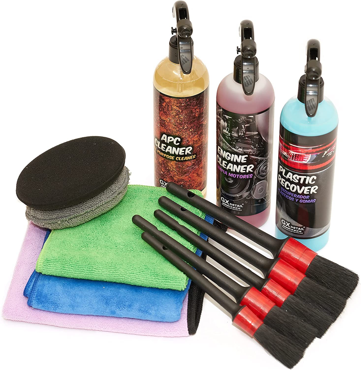 Pack Limpieza Motores GxDetail - Kit Cuidado Motor para Coche Gx Detail - Con Accesorios - Pinceles, Microfibras, Aplicadores para Limpieza de Coche.