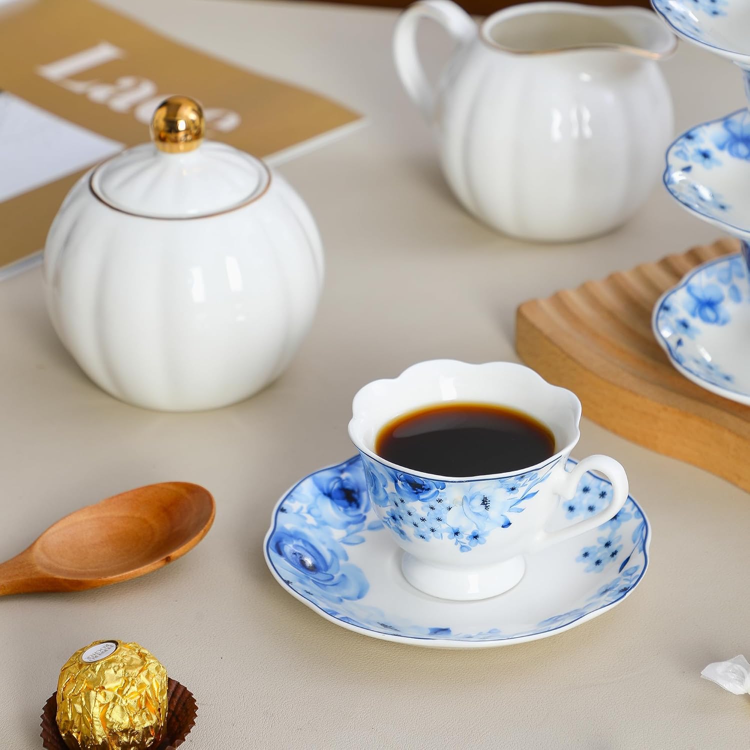 Porcelain Demitasse Espresso Cup and Saucer Set of 6 (12-Piece) - 2.5oz Cups with Classic Blue Floral Pattern, Dishwasher & Microwave Safe