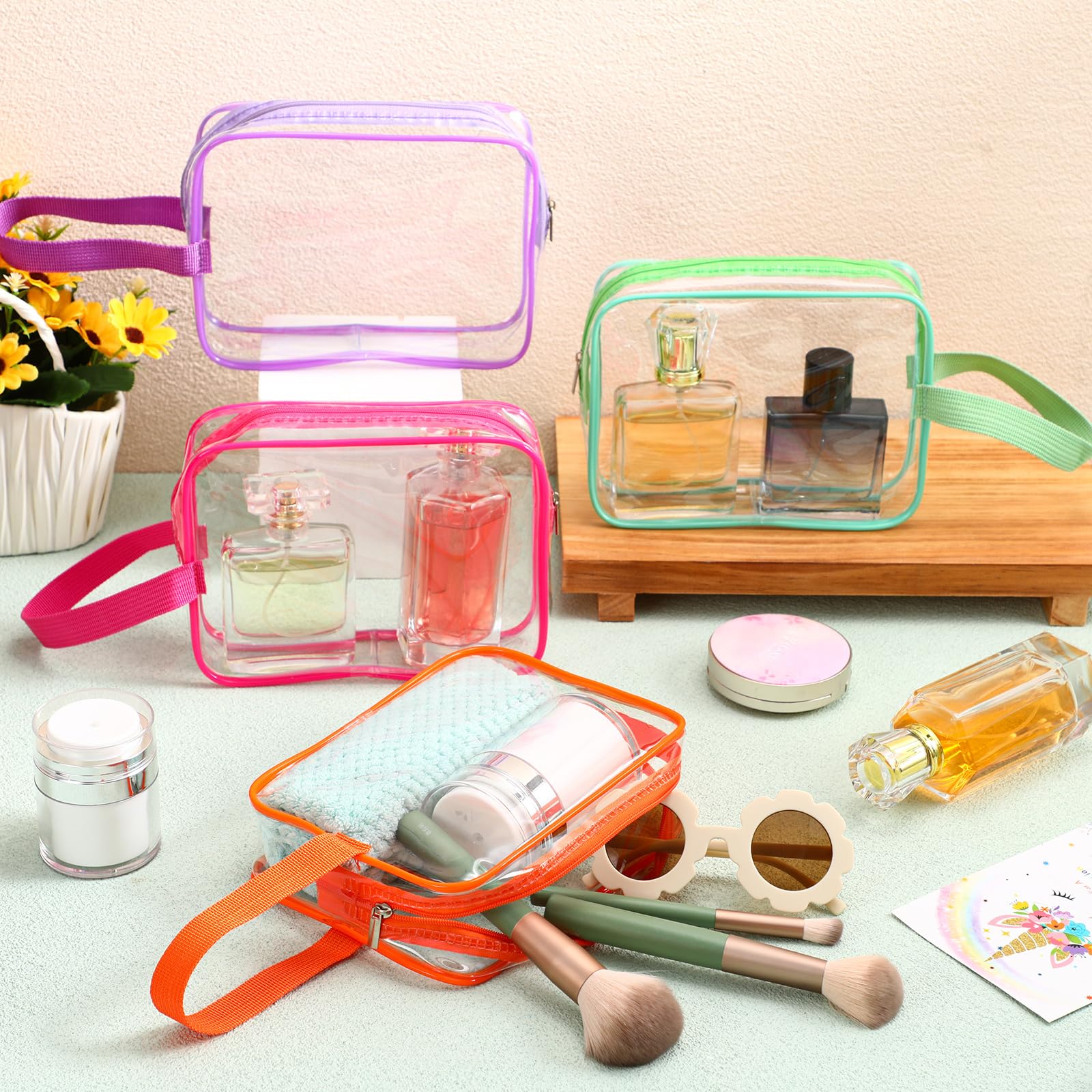 Silkfly Clear Toiletry Bag PVC Travel Cosmetic Bag with Handle Strap Makeup Pouch with Zipper Summer Vacation Salon Graduation Gift End of the Year Gifts(Vivid Color,24 Pack)