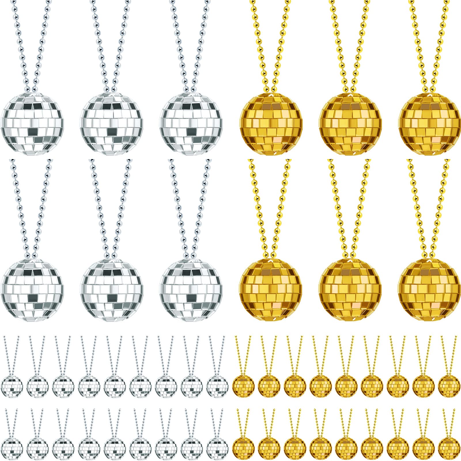 Junkin 48 Pieces Mirror Disco Ball Necklaces 70s Disco Party Favors Halloween Mini Balls Decoration,1.57 Inch Stage Props, Accessories, Festivals Party Favor Supplies(Gold, Silver)