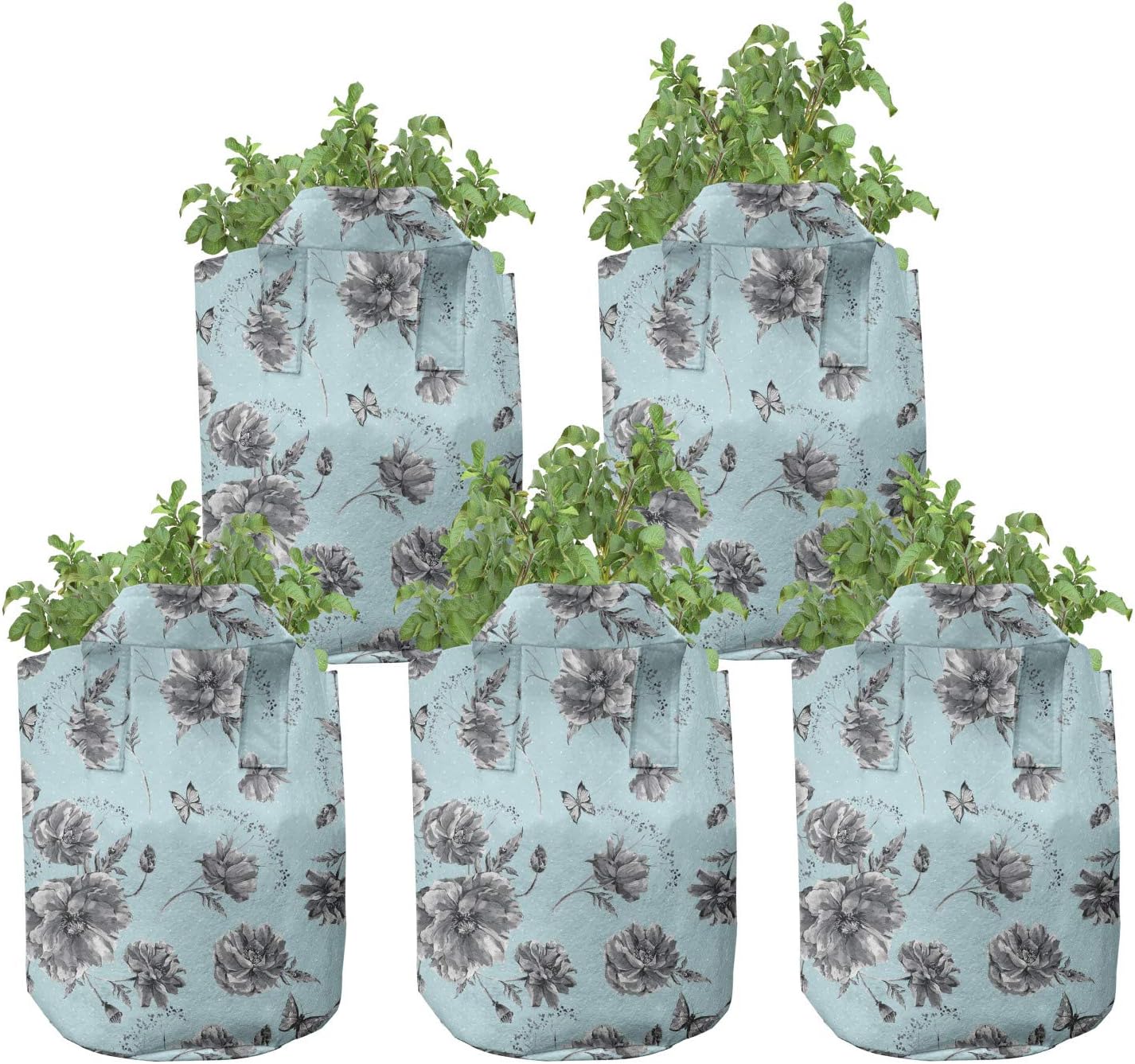 Ambesonne Vintage Grow Bags 5-Pack, Monochrome Wildflowers, Heavyduty Fabric Pots with Handles for Plants, Charcoal Grey Pale Blue
