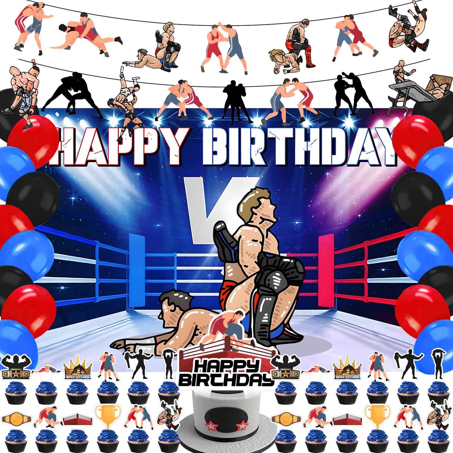 59 Pcs Wrestling Birthday Party Supplies, Wrestling Match Themed Party Decoration Wrestler Backdrop Balloons Cake Cupcake Topper for Let's Wrestle Themed Party Decor
